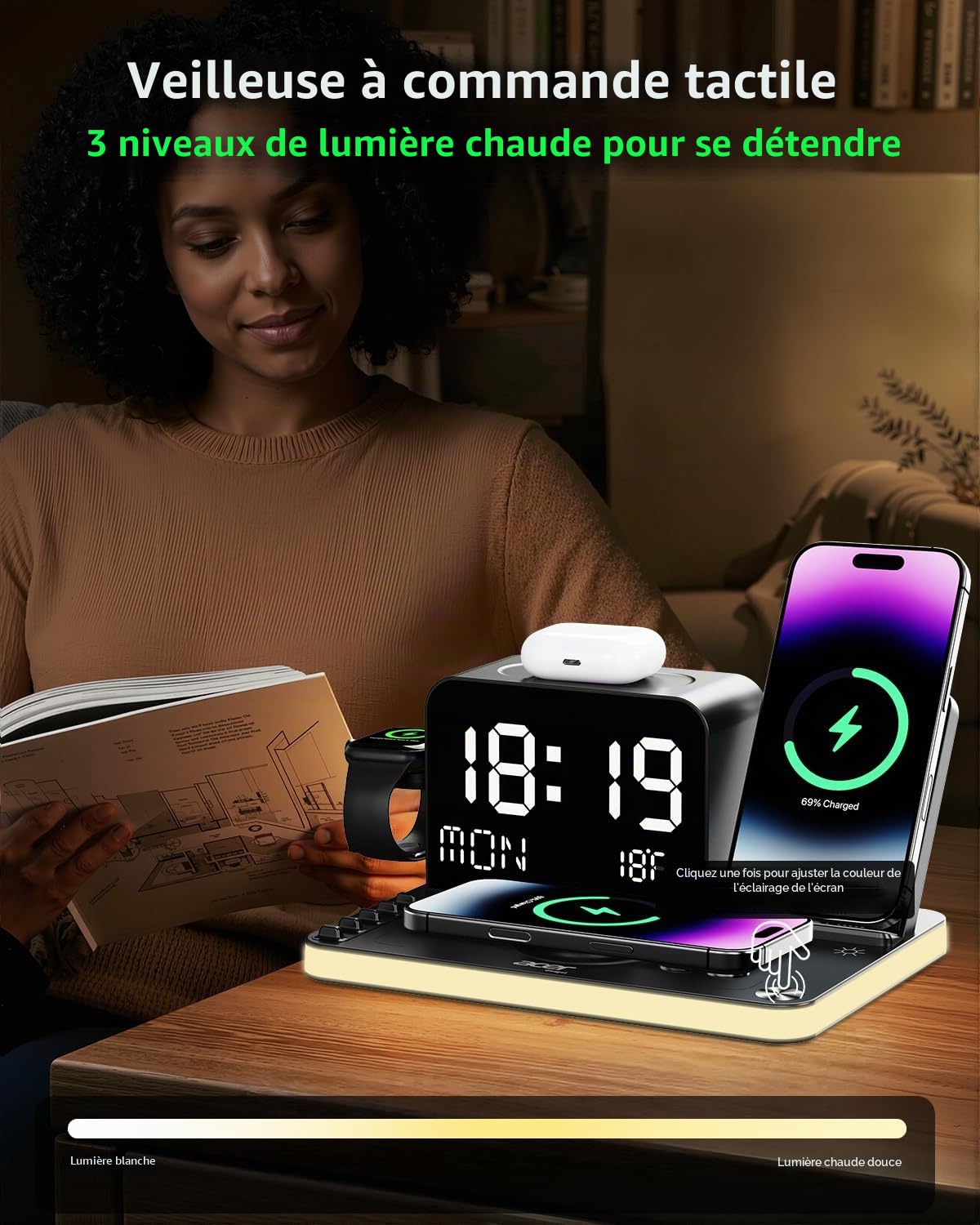Acer Station de Charge sans Fil 7 en 1 avec veilleuse à luminosité réglable, Compatible avec iPhone 16/15/14/13/12 Toutes Les séries, téléphones Android, AirPods et iWatch, Chargeur Rapide avec