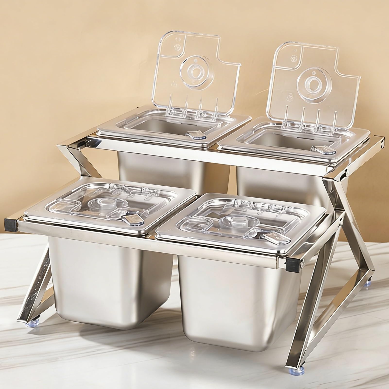 Questa Stazione per condimenti per Pizza con Coperchio Ribaltabile e Set di Palette, Supporto Organizer per spezie in Acciaio Inossidabile, Porta guarnizioni Inclinato da banco per Salse, ma