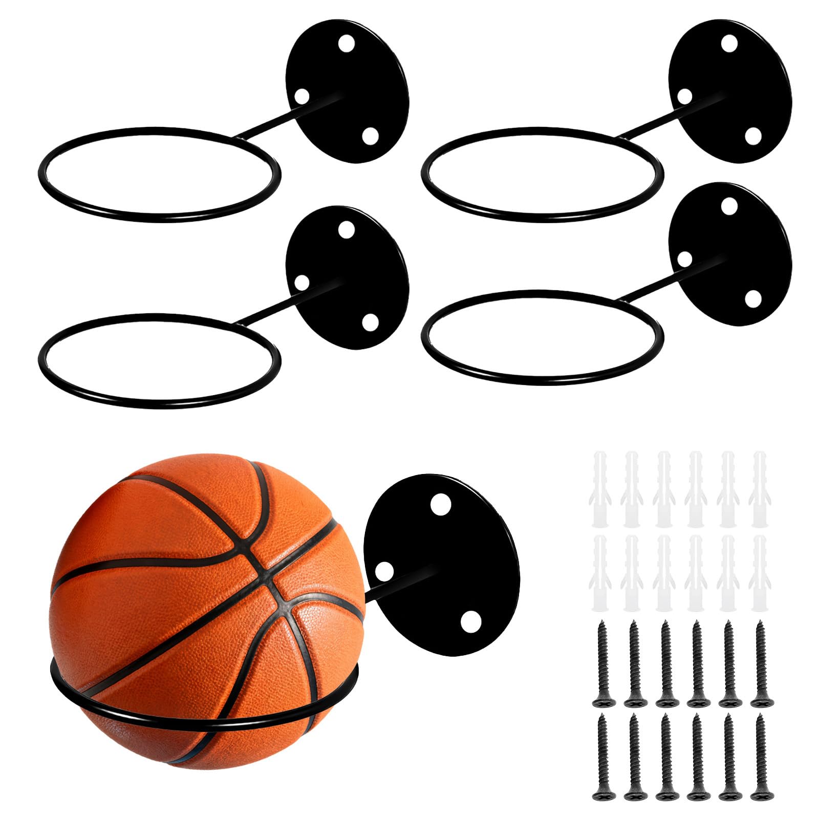4 Pièces Supports Mural pour Ballons, Porte Ballon Basket, Trois Vis pour Renforcerpour, Rangement pour Basket Ball, Football, Volley Ball, Noir
