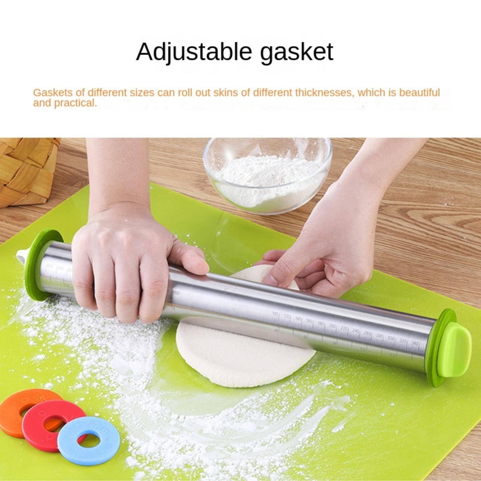 Juego de rodillo y alfombrilla para hornear, anillos de grosor ajustable, rodillo de masa de acero inoxidable para pizza, pastel, pastelería, pasta, galletas, herramientas esenciales para hornear