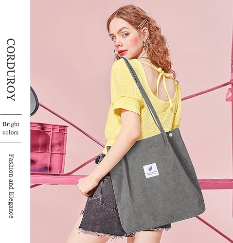 Vista 201 de Tote - Bolsa de hombro reutilizable de pana de gran capacidad con bolsillos interiores para mujeres y niñas Rayas