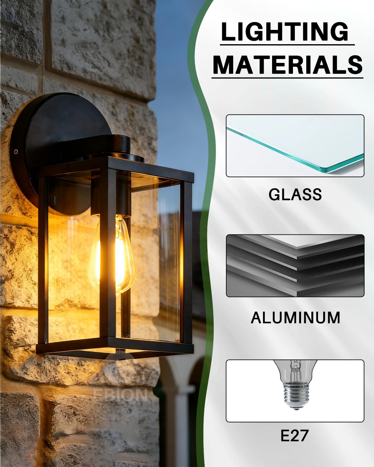 EBION 2 Stück Wandleuchte aussen E27, Wandlampe aus Aluminium + Glas, Modern Terrassenbeleuchtung, Außen Wandleuchte, IP44 Wasserdicht, Schwarz (ohne Leuchtmittel)