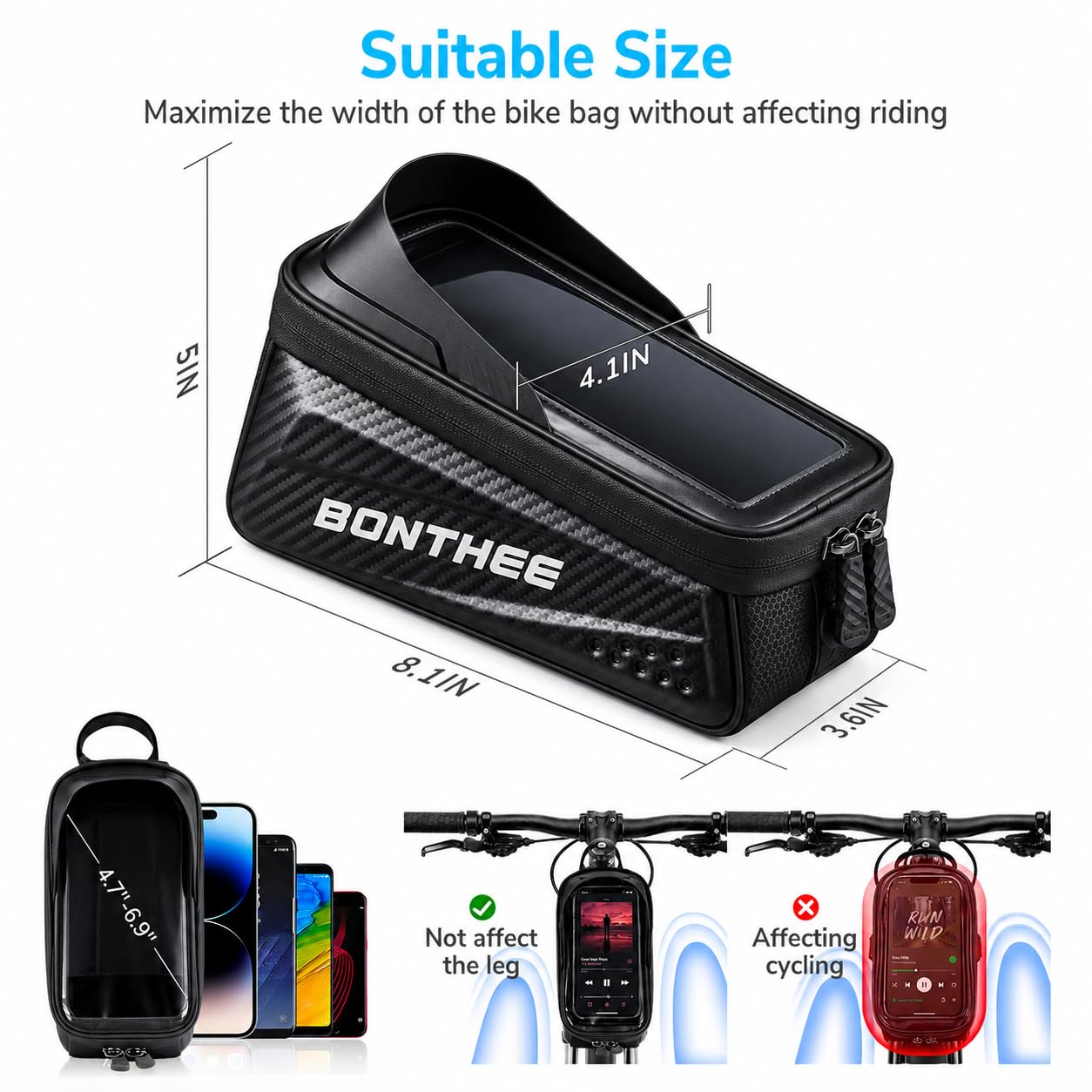 BONTHEE Sacoche Velo Cadre Étanche Sacoche Guidon Vélo pour Smartphone 7'' | Support Telephone Velo Sacoche VTT Route avec Écran Tactile en TPU 3D & Pare-Soleil Anti-reflet du Soleil & Coque Dure en EVA