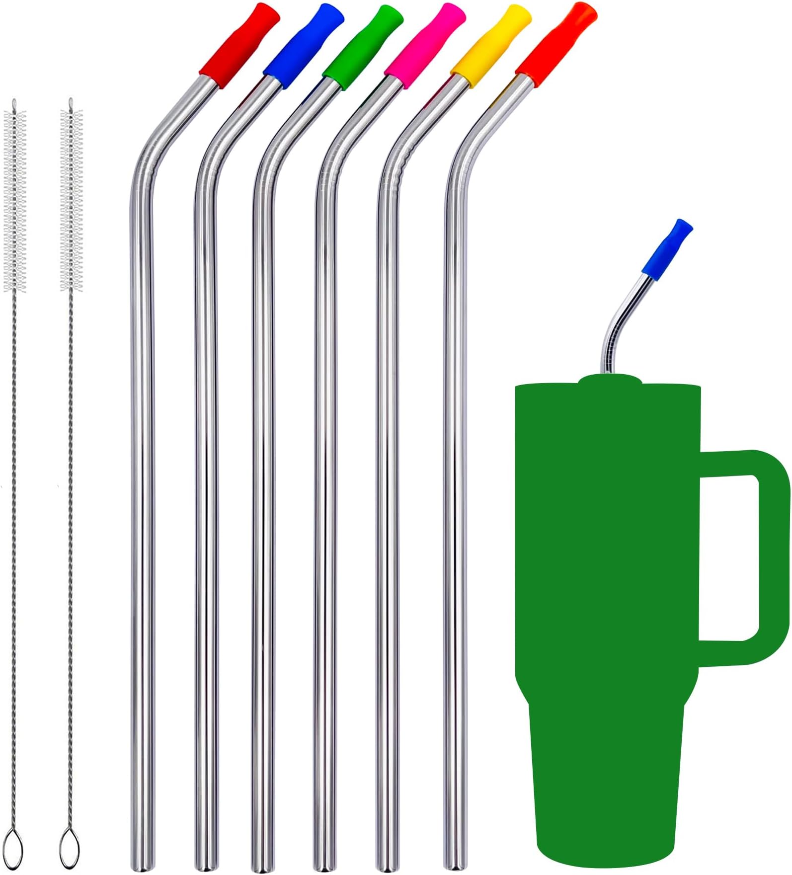 Wobye 6 Pack Replacement Straws for Stanley Cup 30 40 oz, 13 Inch Extra Long Reusable Stainless Steel Metal Straw with Silicone Tips and Cleaning Brush, Fit for 22 32 64 oz Tumbler