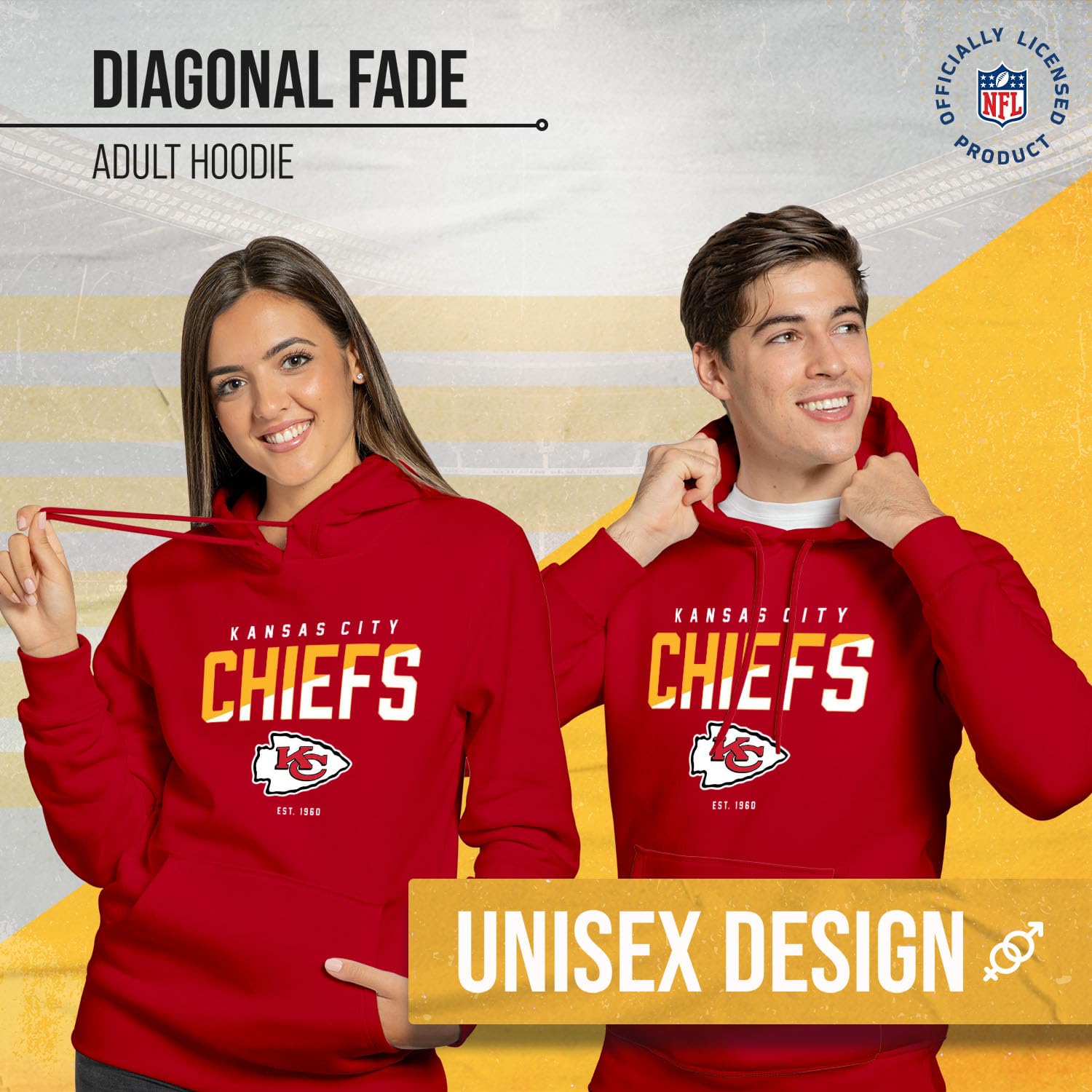 Team Fan Apparel Adult NFL Diagonal Fade Fleece Hooded Sweatshirt - Unisex Tagless - Officially Licensed Football Pullover (Kansas City Chiefs - Red, Large)