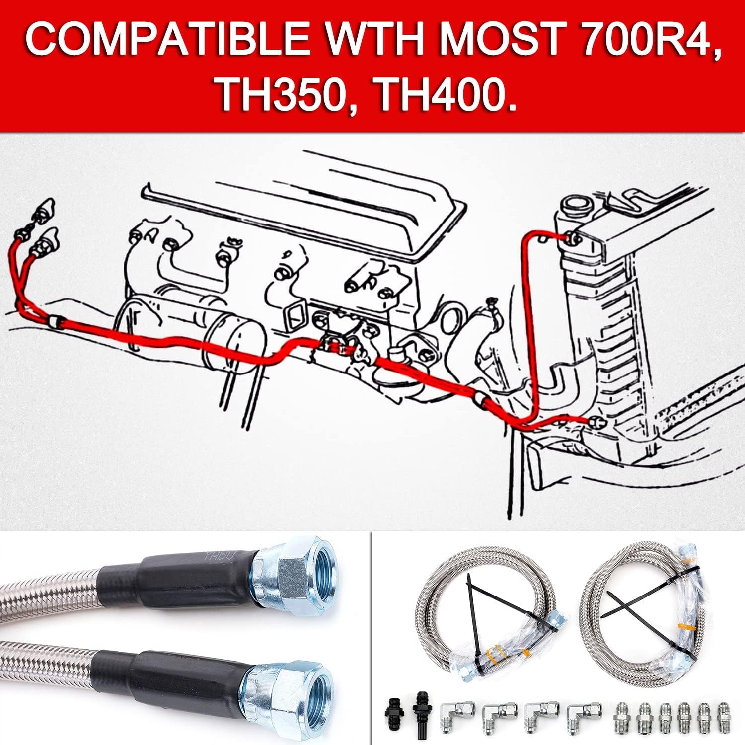 6AN 70" Transmission Cooler Hose Kit Lines Fitting Kit for GM Chevy 1996-2021 4L80E, for Ford C4-C6-AOD, for Turbo 350/400/200-200R4/700R4 4L60 4L60E 4L65E,Stainless Steel Braided Lines