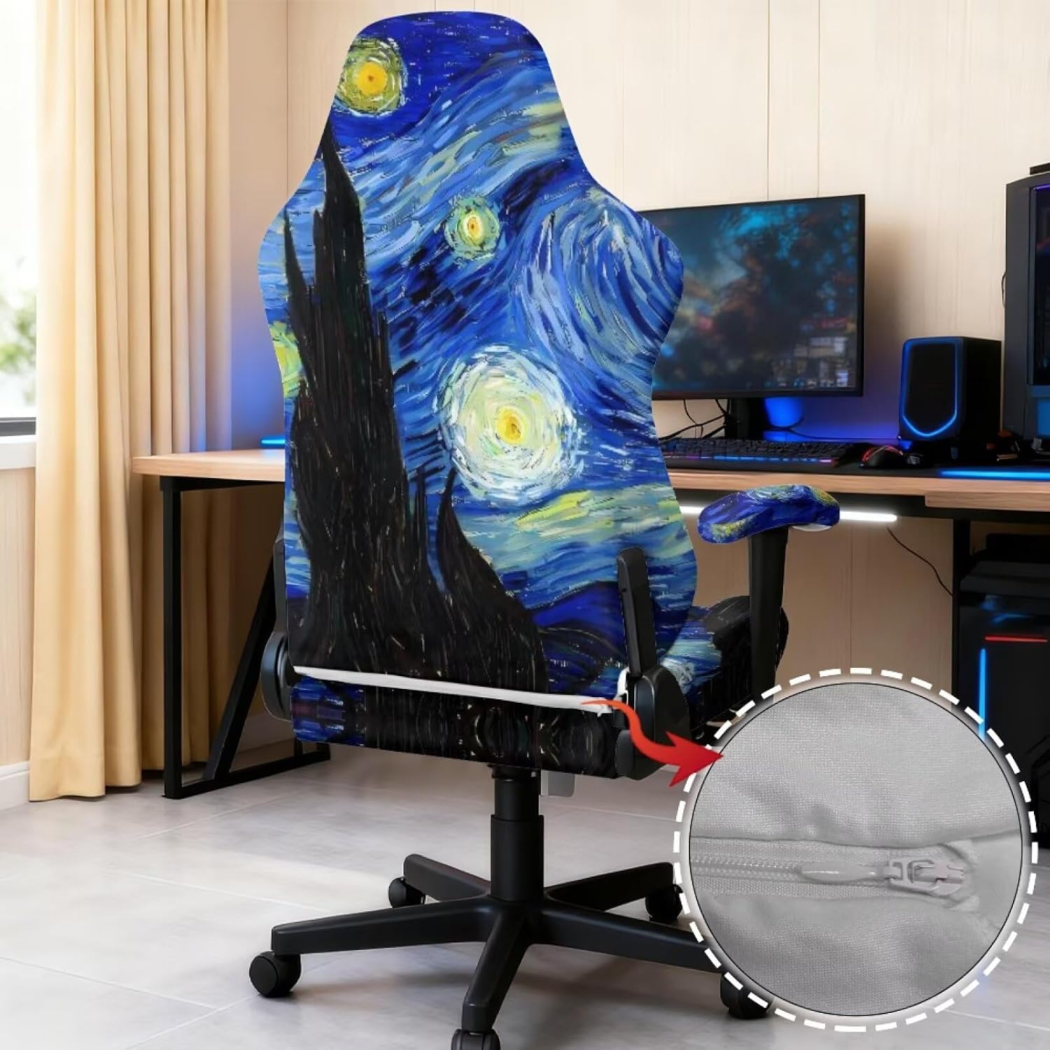 NEITLGEN Gaming Chair Cover Slipcovers Blue Starry Night Print Stretchable Zipper Slipcover for Computer Recling Gaming Chair Seat Covers with Armrest image 3