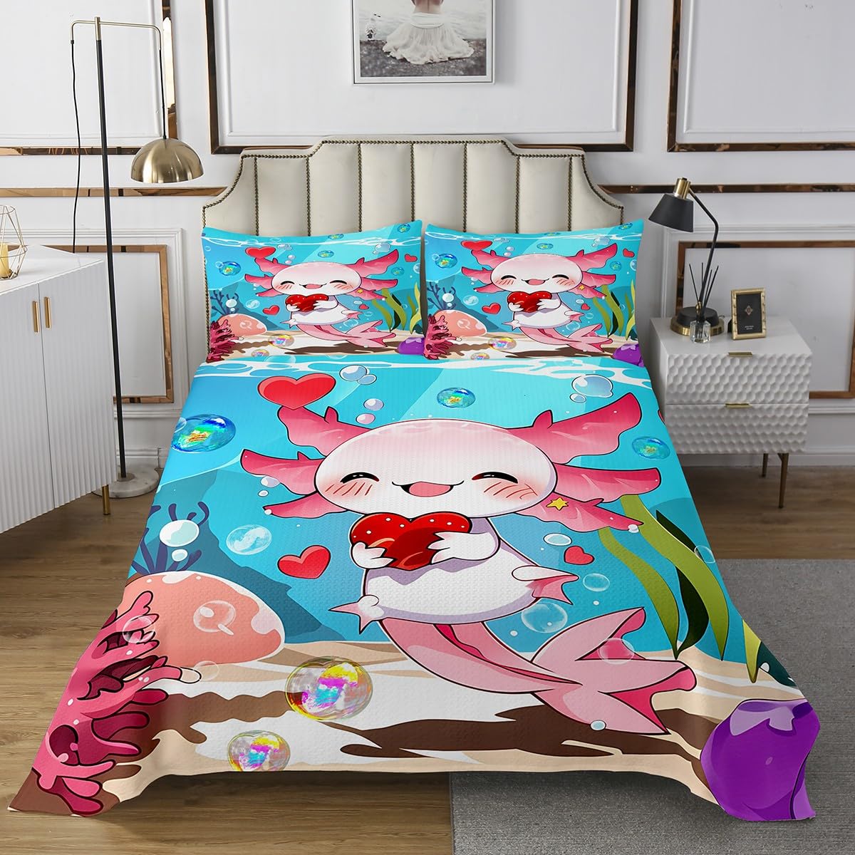 Erosebridal Kawaii Axolotl Kids Quilt Set with Red Love Heart Pattern, Cartoon Axolotl Gifts Coverlet Set for Boys Girls 3D Ocean Animal Sea World Plant Bedspreads King Size 3 Pieces