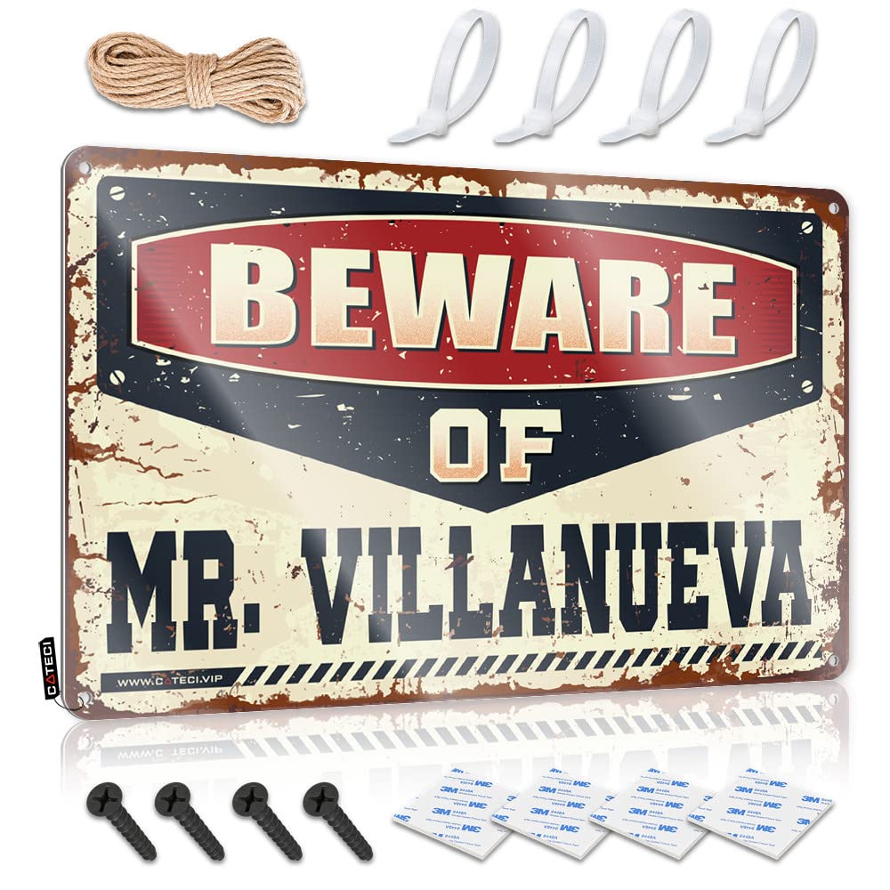 STWNVOITV Outdoor Signs And Decor Beware Of Mr. Villanueva Tin Sign Metal Decor For Home Bar Bro Cave Sign(20X30CM)