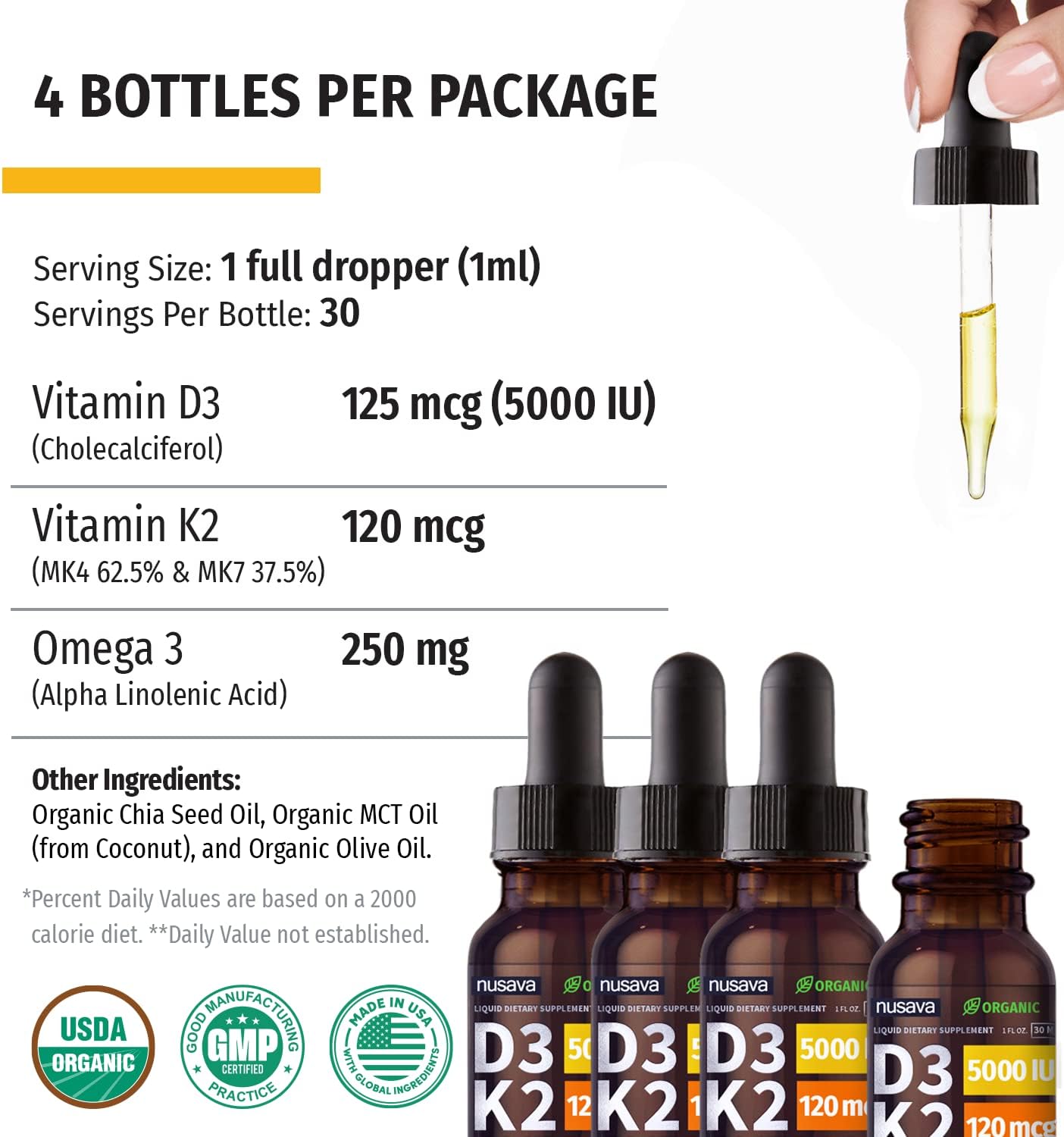 (4 Pack) Organic Vitamin D3 K2 Drops w MCT Oil Omega 3