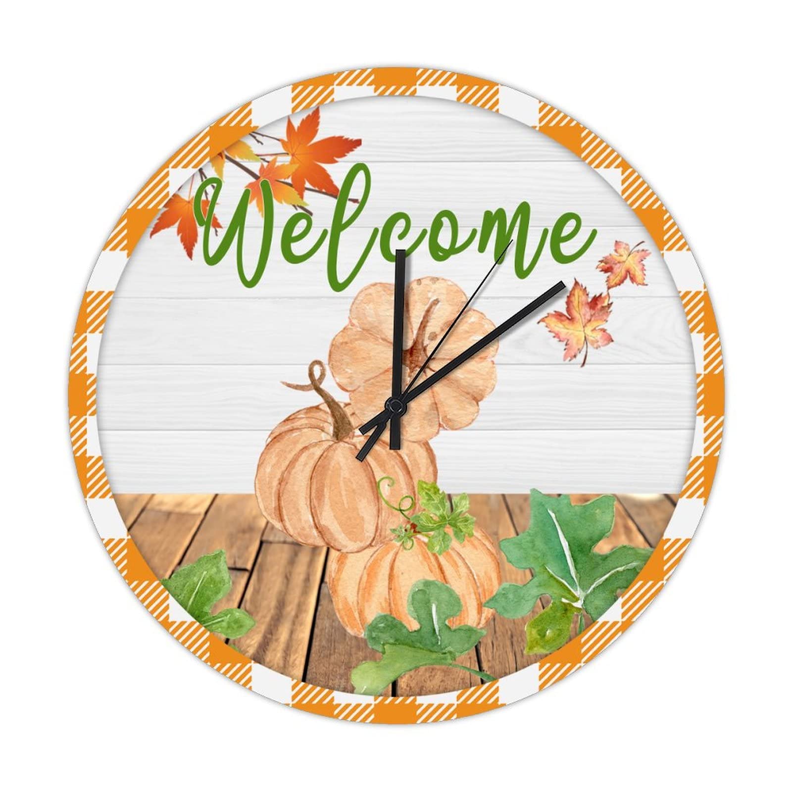 Horloge murale ronde en bois contre les murs vides : style citrouilles d'automne orange