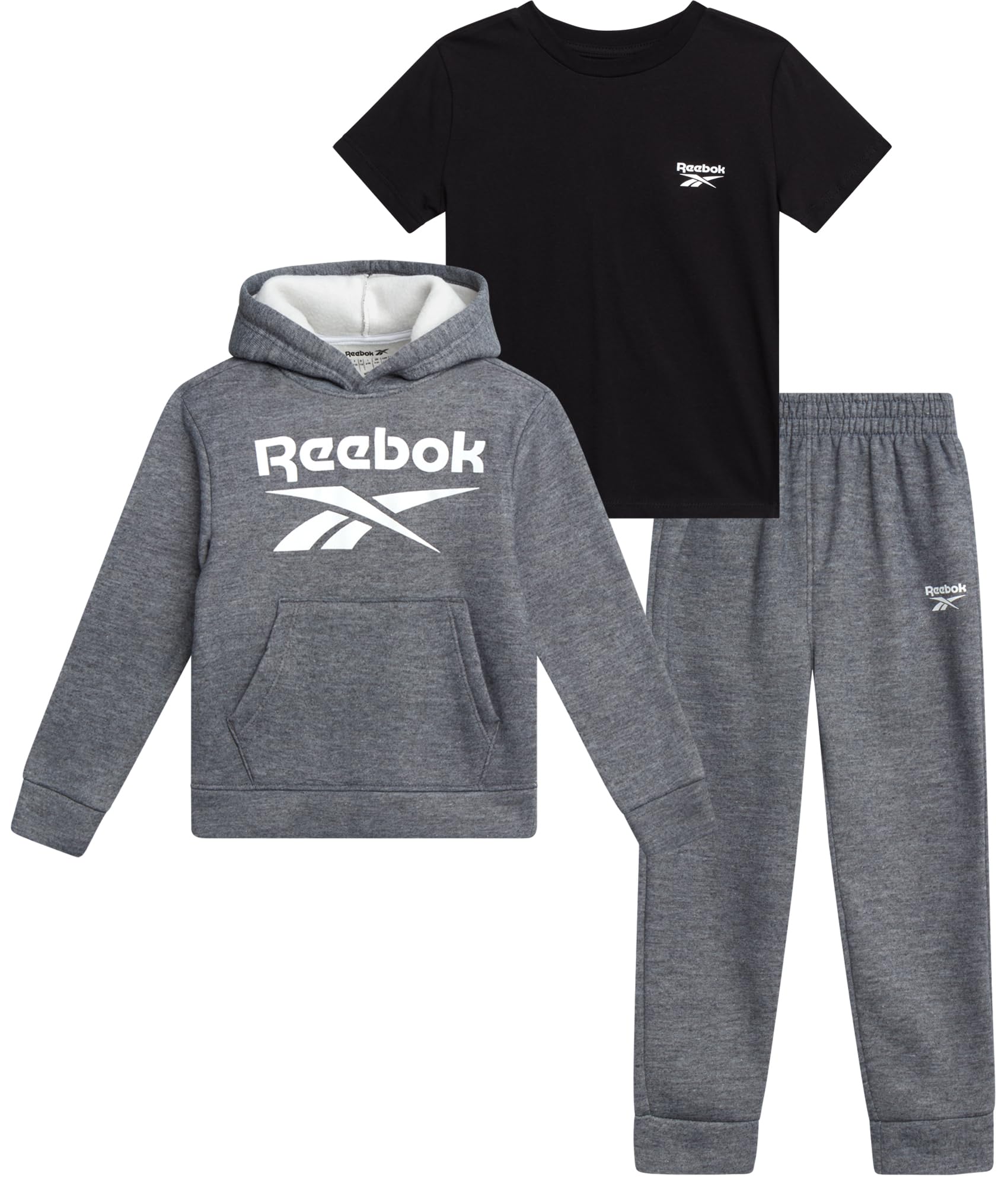 Reebok Baby Boys Pants Set - 3 Piece T-Shirt, Pullover Hoodie & Jogger Pants Set - Fleece Playwear Pant Sets for Toddlers