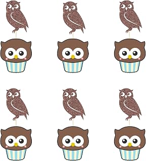 Set of 24 Glitter Owl Cupcake Toppers, Animal Themed Baby Shower Dessert Decor, Baby Birthday Party Decorations Supplies - Brown