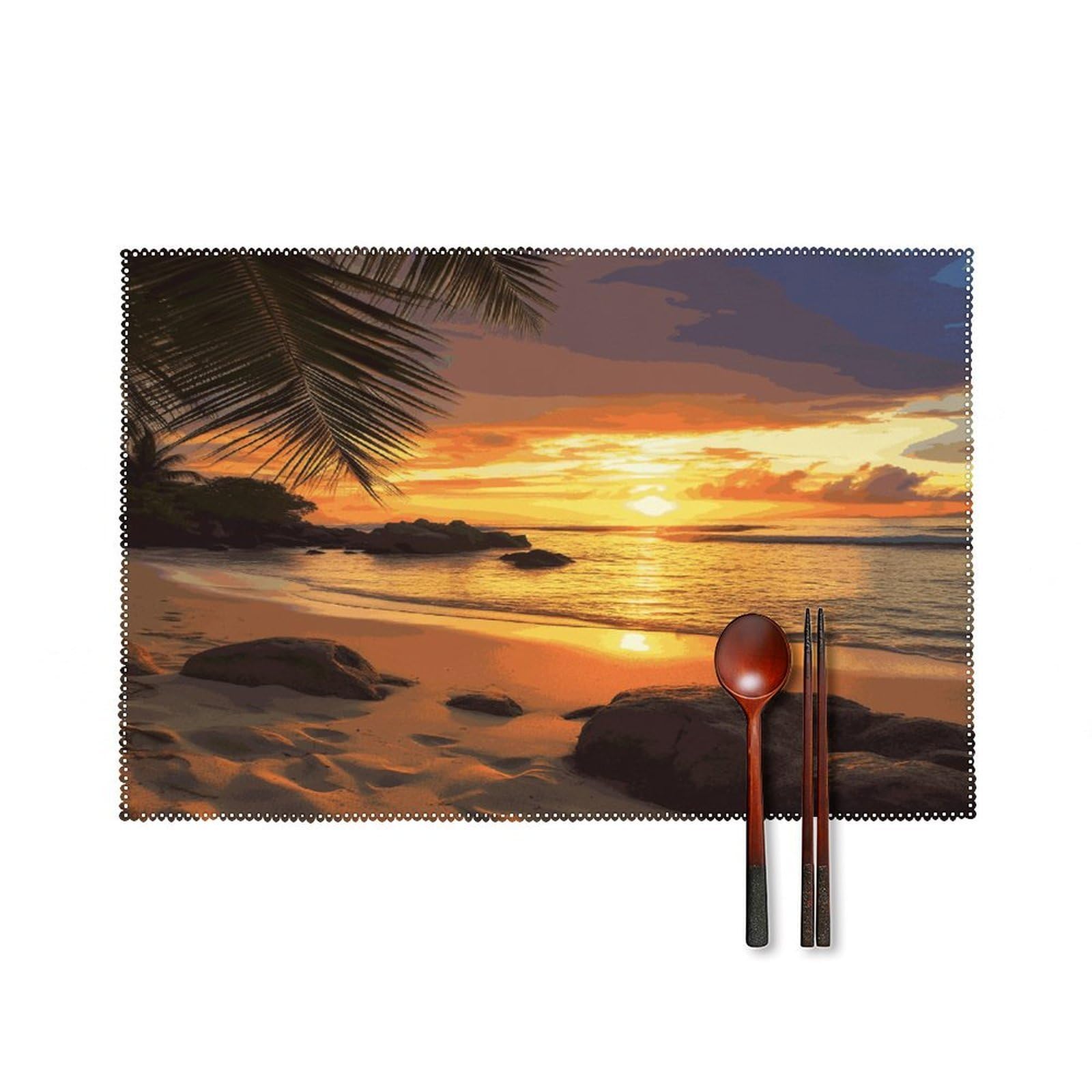 Tropical Beach Coastal Sunset Placemats Set of 4 Heat Resistant Non-Slip Place Mats for Dining Table Washable Placemat Wipeable Dining Table Mat Canvas Place Mats Dining Table Decor
