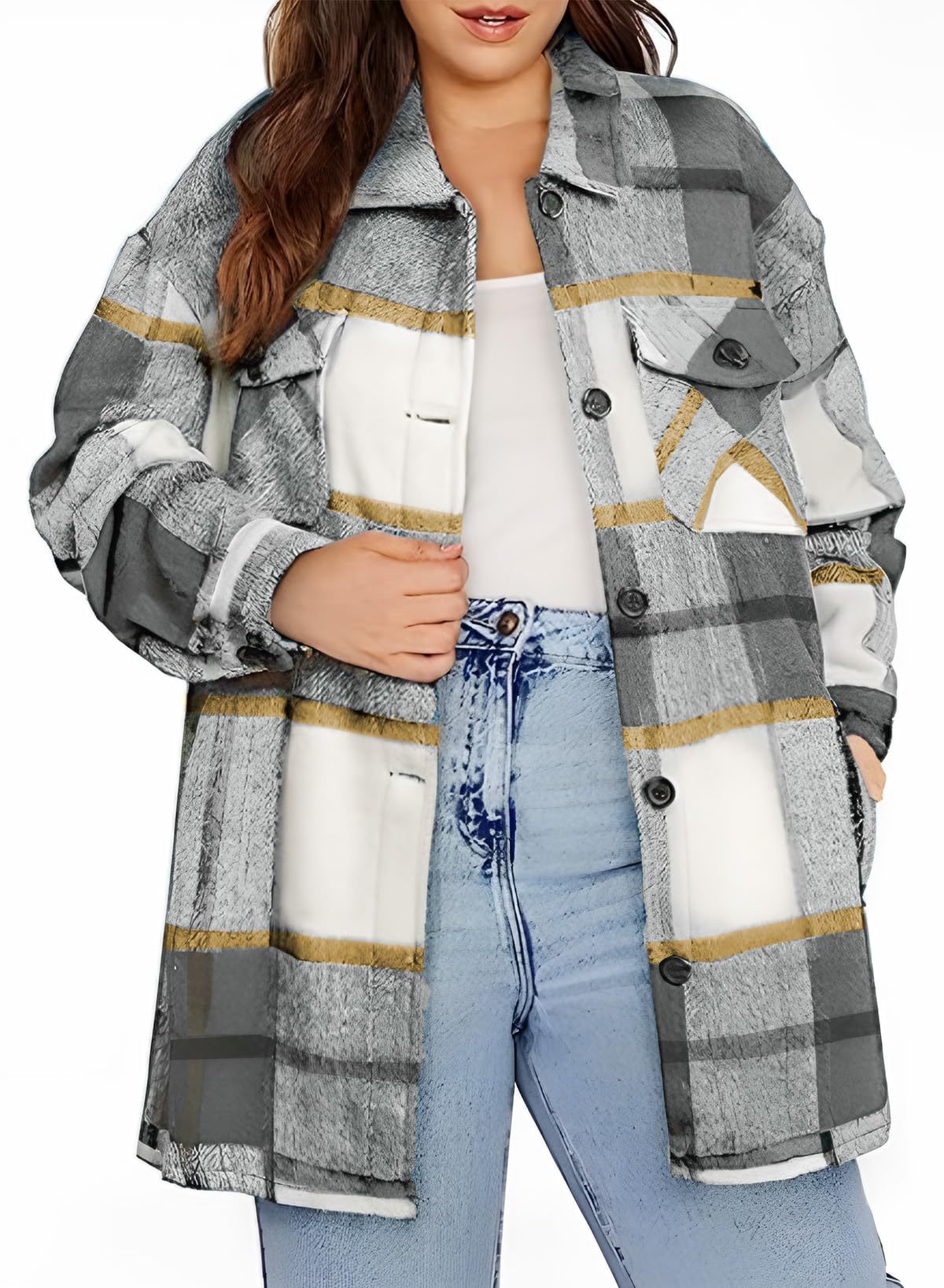 EytinoWomens Plus Size Long Sleeve Button Down Boyfriend Shirts Casual Plaid Shacket Jacket Coats(1X-5X)