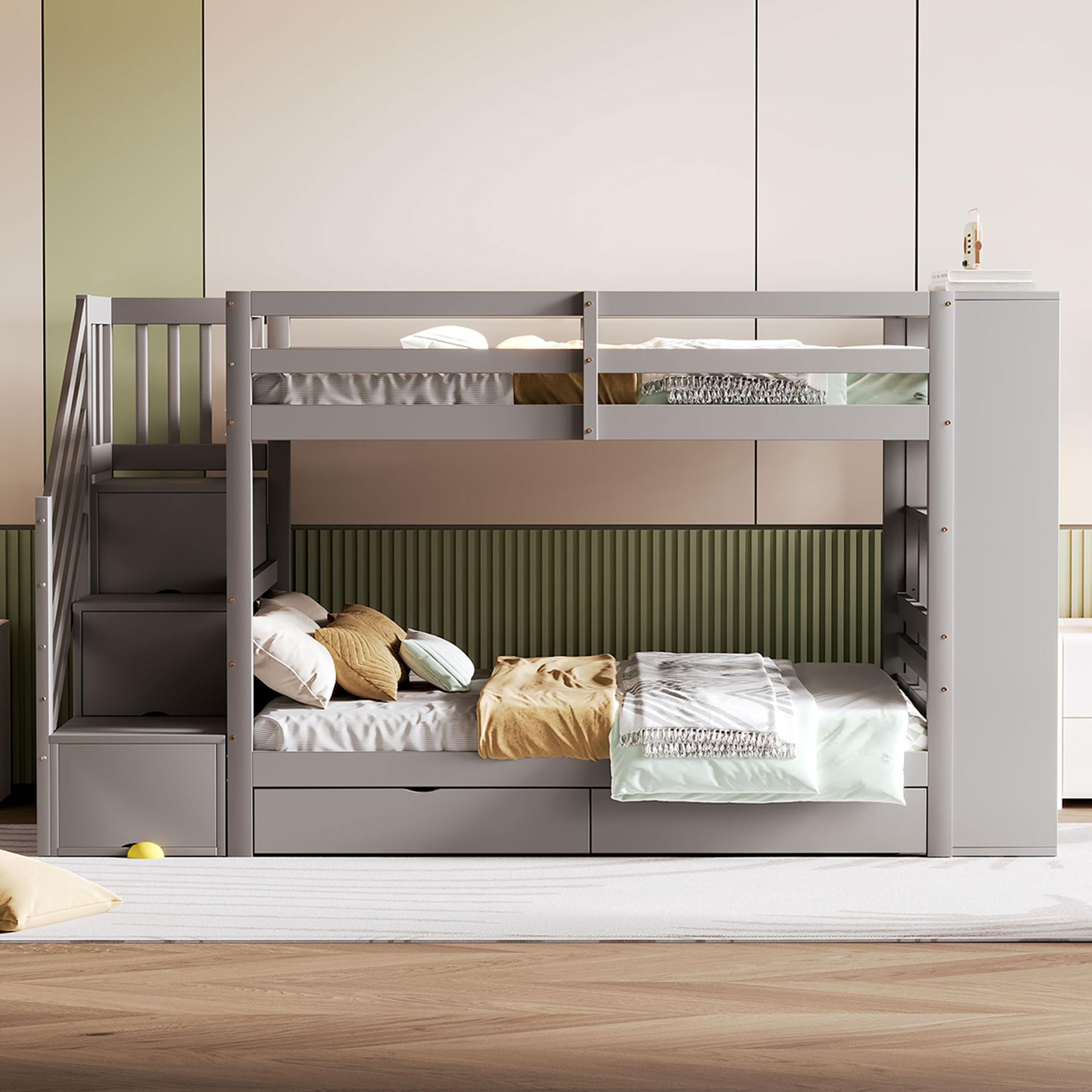 Etagenbett 90×200,Kinderbett mit Stauraum Treppe,Jugendbett mit 2 Schubladen/großen Schließfächern/Sicherheitszaun Kiefernbett mit Lattenrost,ohne matratz (Grau)