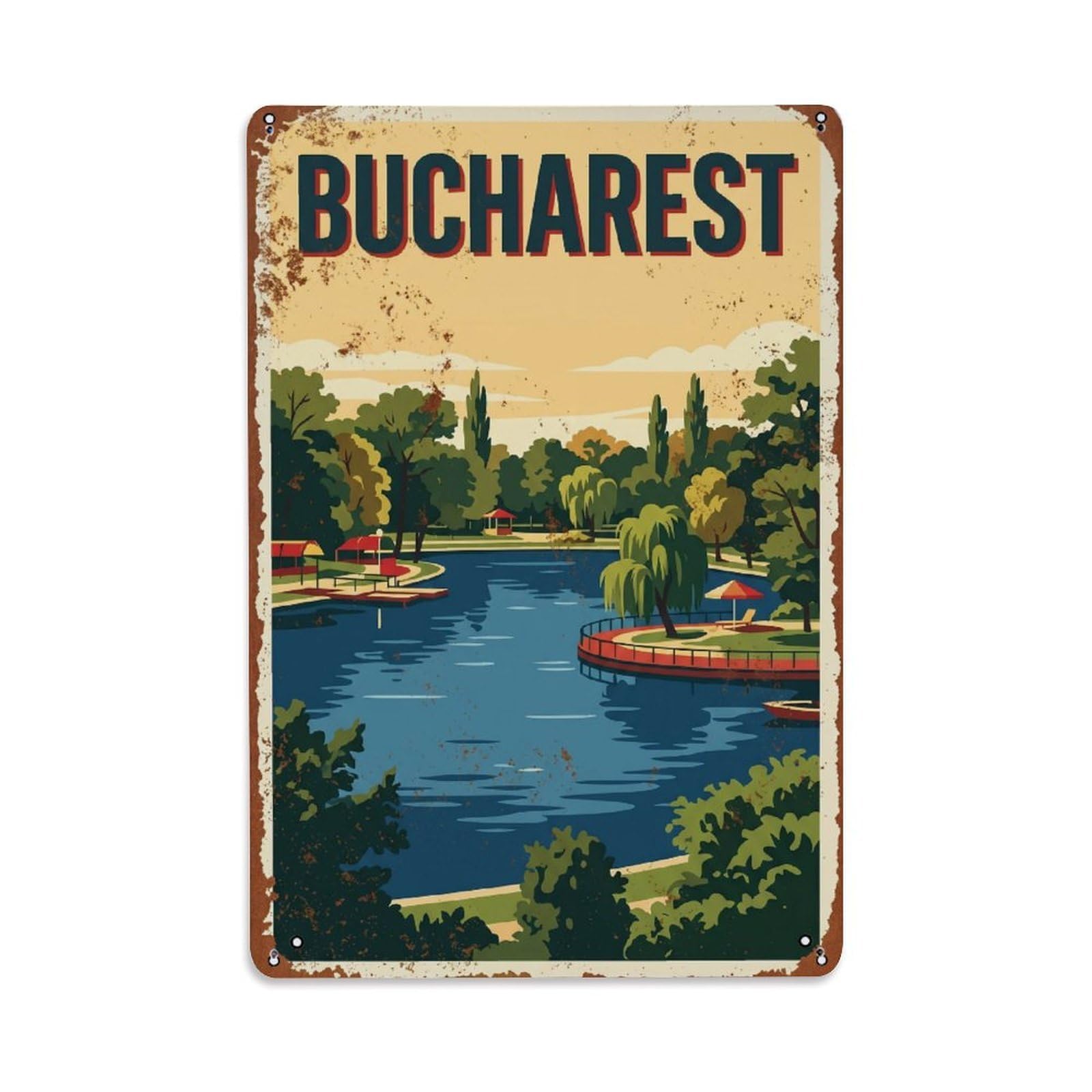 Vintage Travel Bucharest Floreasca Park Lake Romania Metal Tin Sign Plaque Wall Decor for Cafe, Club Bar, Office, Home Garden Metal Poster 8x12Inch