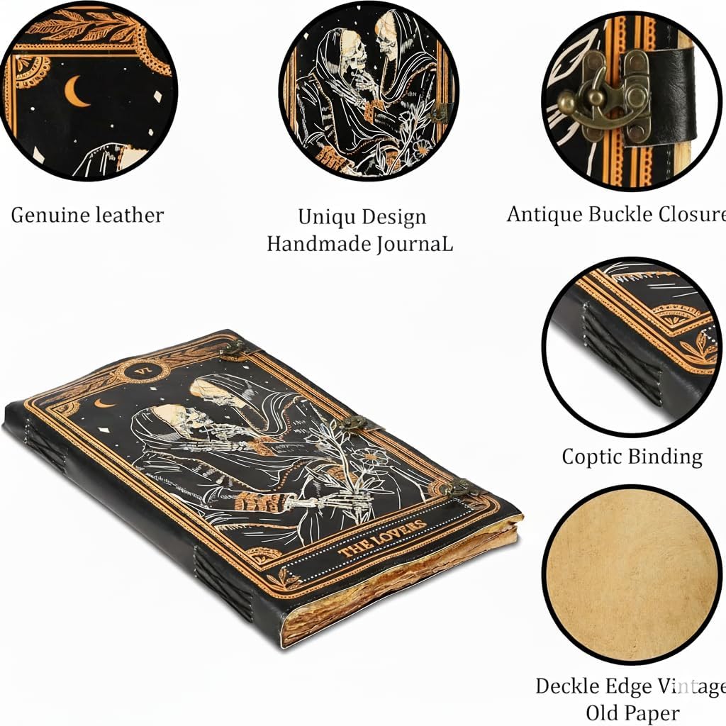 TUZECH Book of Spells Leather Bound Journal Deckle Edge Paper Grimoire Printed Diary Notebook Spiral Gothic Notebook Antique Vintage Book for Men and Women 22 Inches (The Lovers)