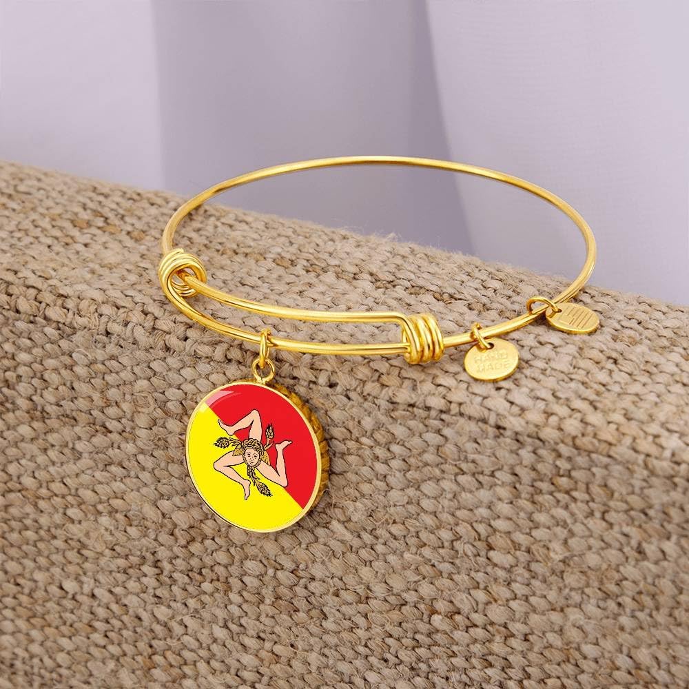 P.S. I Love Italy Gold Sicilian Flag With Circle Charm Bangle - Great Italian Themed Jewelry Gift - Shatterproof Glass Bangle on Surgical Steel Fashion Bracelet