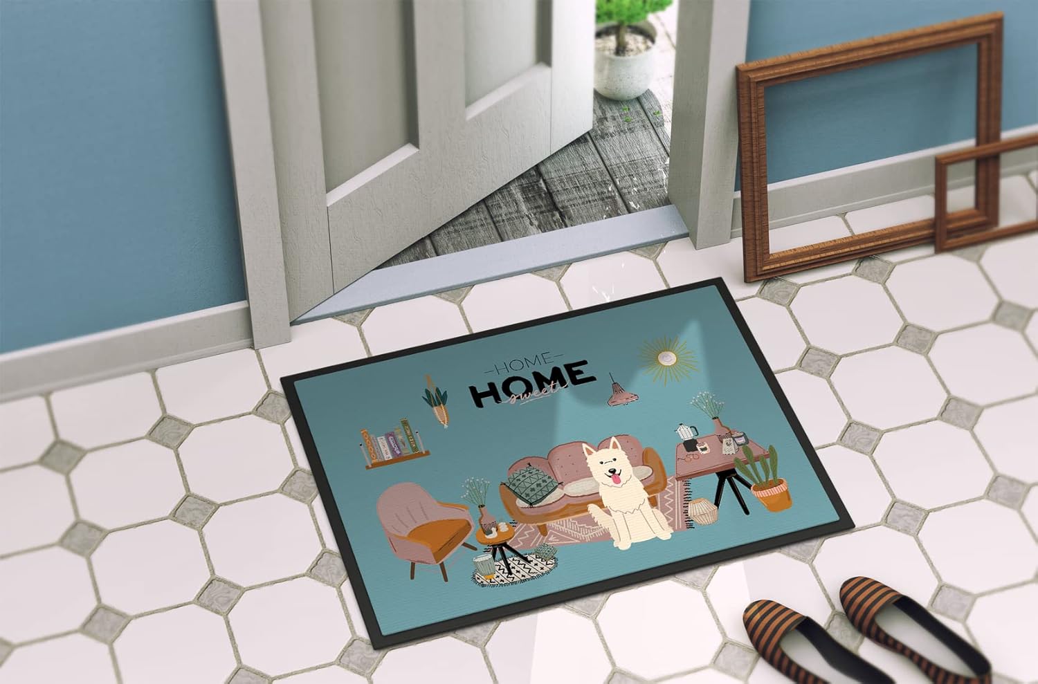 Caroline's Treasures CK7890JMAT White German Shepherd Sweet Home Doormat 24x36 Front Door Mat Indoor Outdoor Rugs for Entryway, Non Slip Washable Low Pile, 24H X 36W