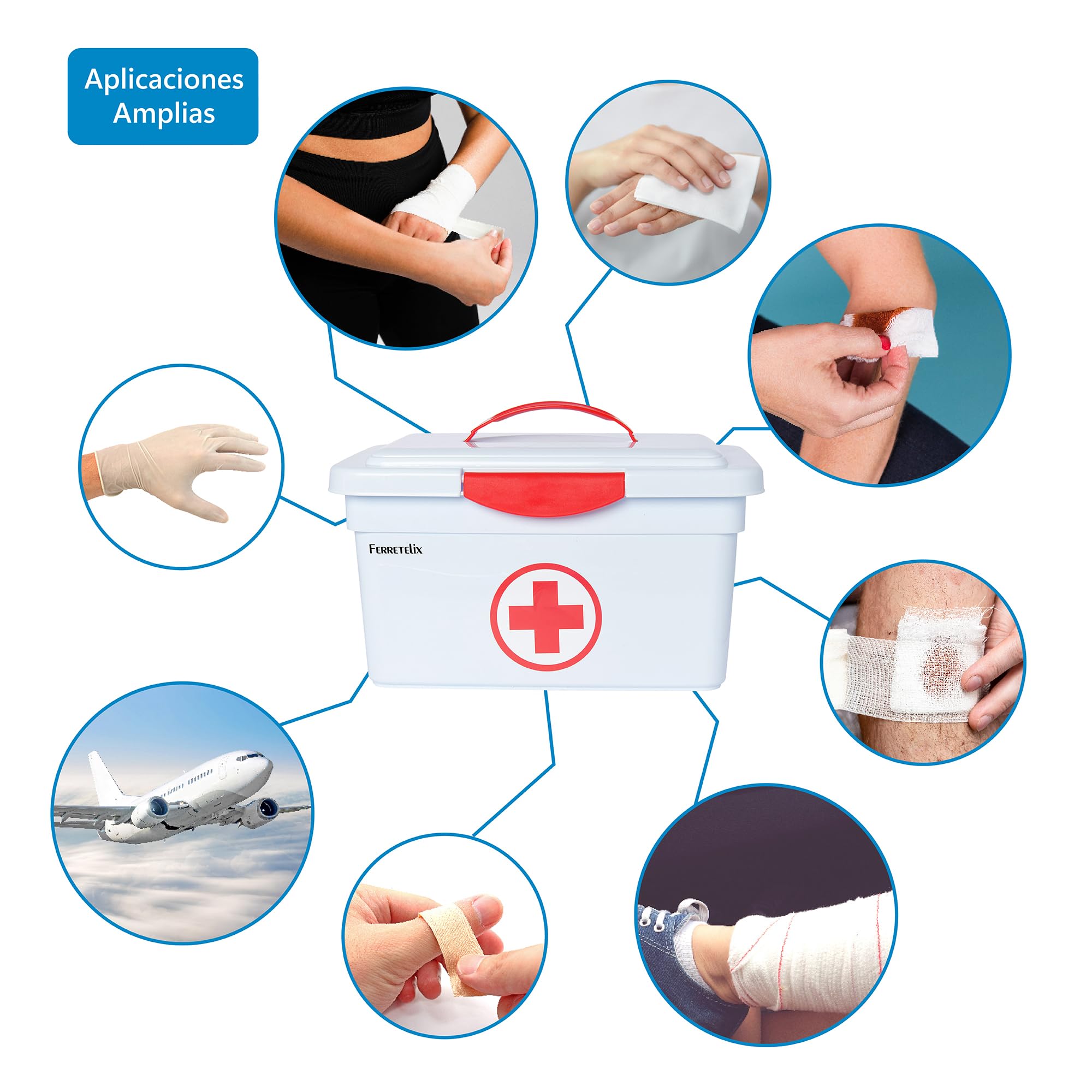 Farmalix Botiquin caja primeros auxilios con tapa 8 litros medidas: 35cmx23cmx19cm equipado con varios artículos para realizar las primeras curas en caso de emergencia