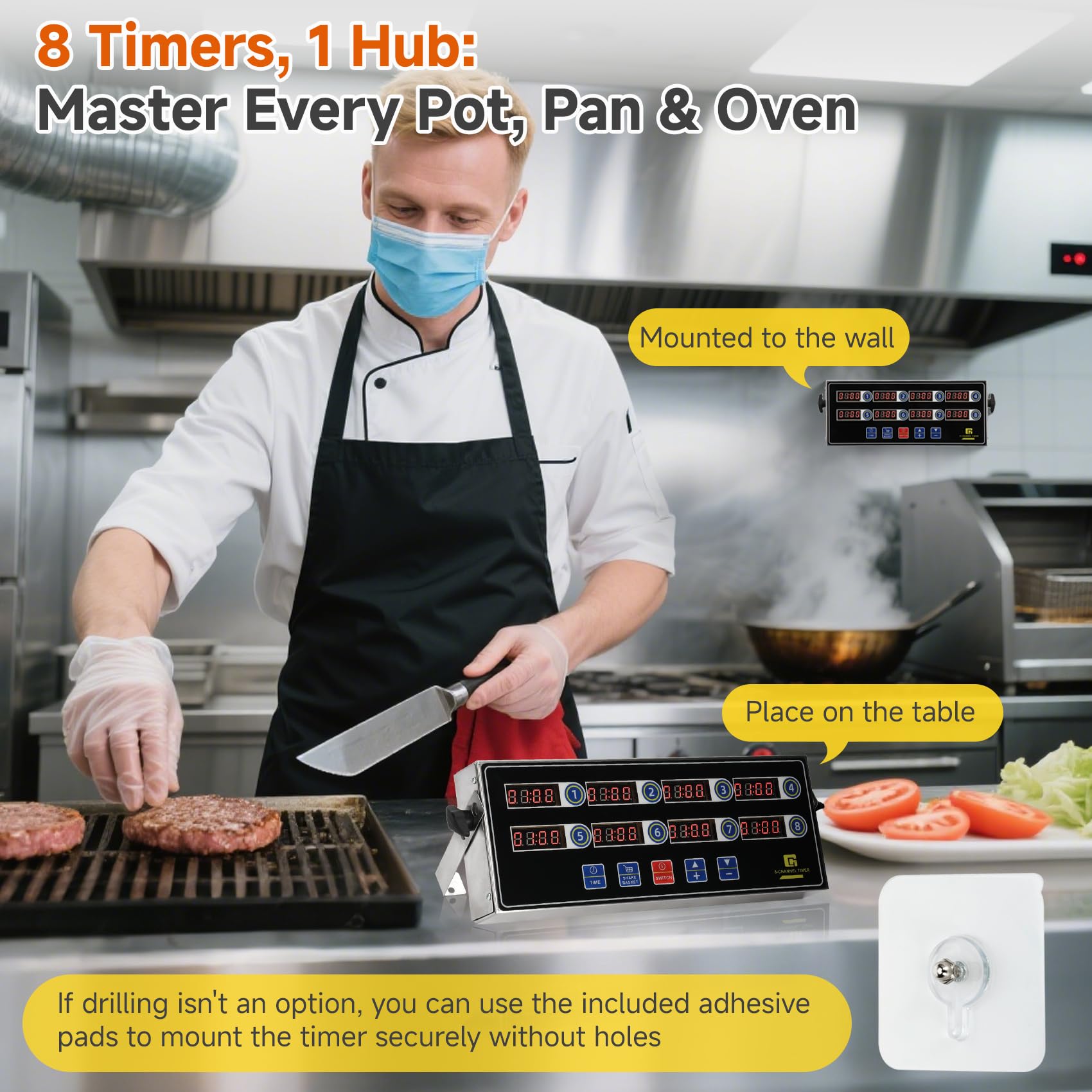 Temporizadores de cocina comercial para cocinar, temporizador de 8 canales para cocinas comerciales, temporizador de alarma fuerte resistente para restaurantes, acero inoxidable, tecnología LED