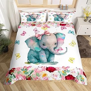 Erosebridal Girls Elephant Comforter Cover Cute Animal Duvet Cover Full Size for Kids Toddlers Boys Bedroom Decor, Floral Butterfly Bedding Set Kawaii Elephant Bed Cover with 4 Corner Ties, Colorful