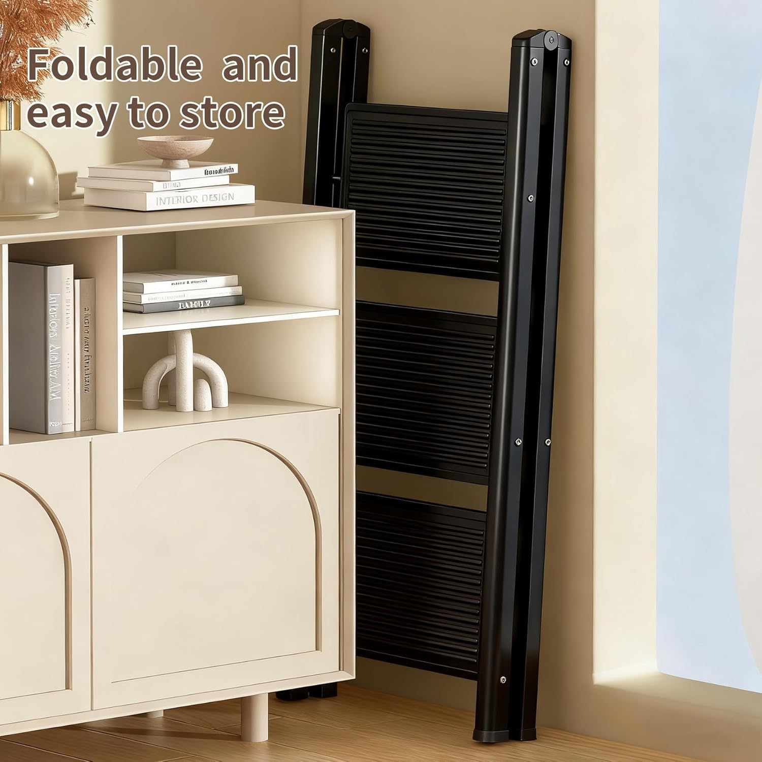 4 Step Ladder Folding Step Stool for Adults, Heavy Duty Steel, Anti Slip Wide Pedals Portable Lightweight Home Kitchen Office Closet, Red (Black,4 Step Ladder)