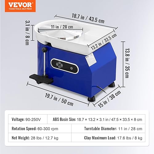Miniatura 7 de VEVOR Rueda de cerámica, máquina formadora de ruedas de cerámica de 11 pulgadas, mango de velocidad ajustable de 0 a 300 RPM y control de pedal de