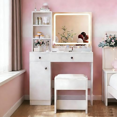 Mesa de tocador blanca con cajón, escritorio de maquillaje para mujer con estación de carga, escritorio de tocador con espejo de 3 luces de color