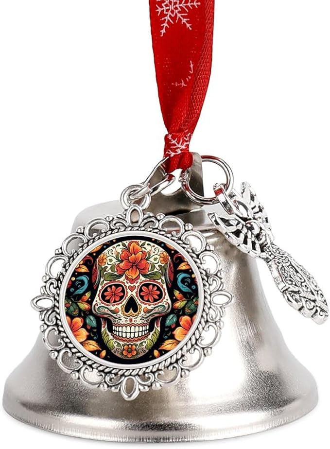 Colorful Sugar Skull Silver Bells for Christmas Decorations Hanging Ornaments Xmas Bells with Angel Wings Pendant And Red Ribbon, Small Jingle Bells for Christmas Tree Wreath Craft Holiday Party Favor