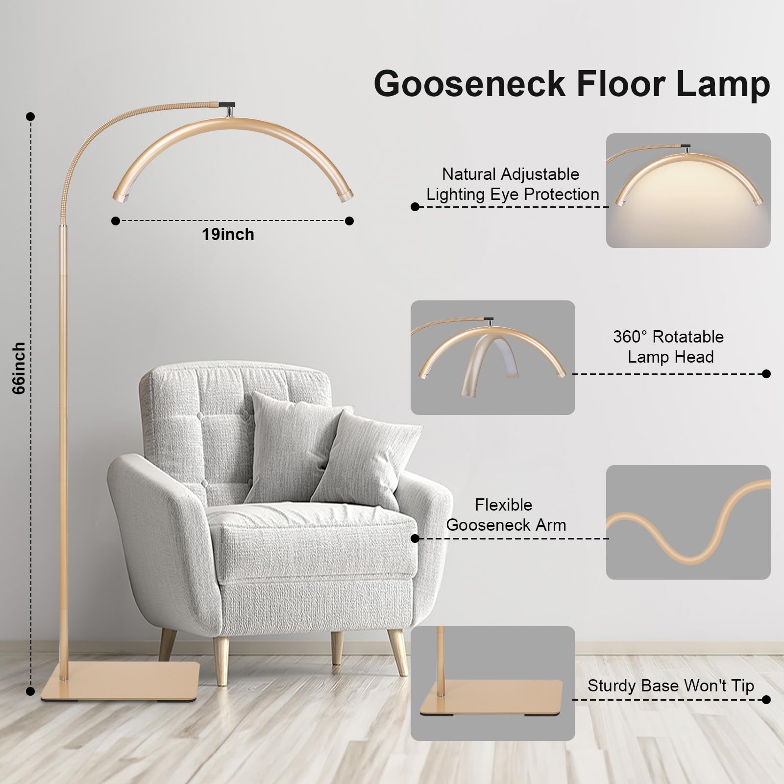Lampa podłogowa LED Half Moon – profesjonalna lampa bez cieni dla techników rzęs, estetyków i tatuażystów, możliwość ściemniania, do przedłużania rzęs, zdobienia paznokci, domu i biura (złota)