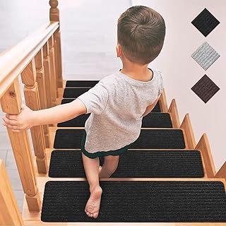 Carpet Stair Treads for Wooden Step Indoor, 15 Pack Stair Rugs for Wooden Steps Non Slip, Black Staircase Step Treads Step Mat, 8"x30" Step Carpet for Stair Stair Traction Stair Protector