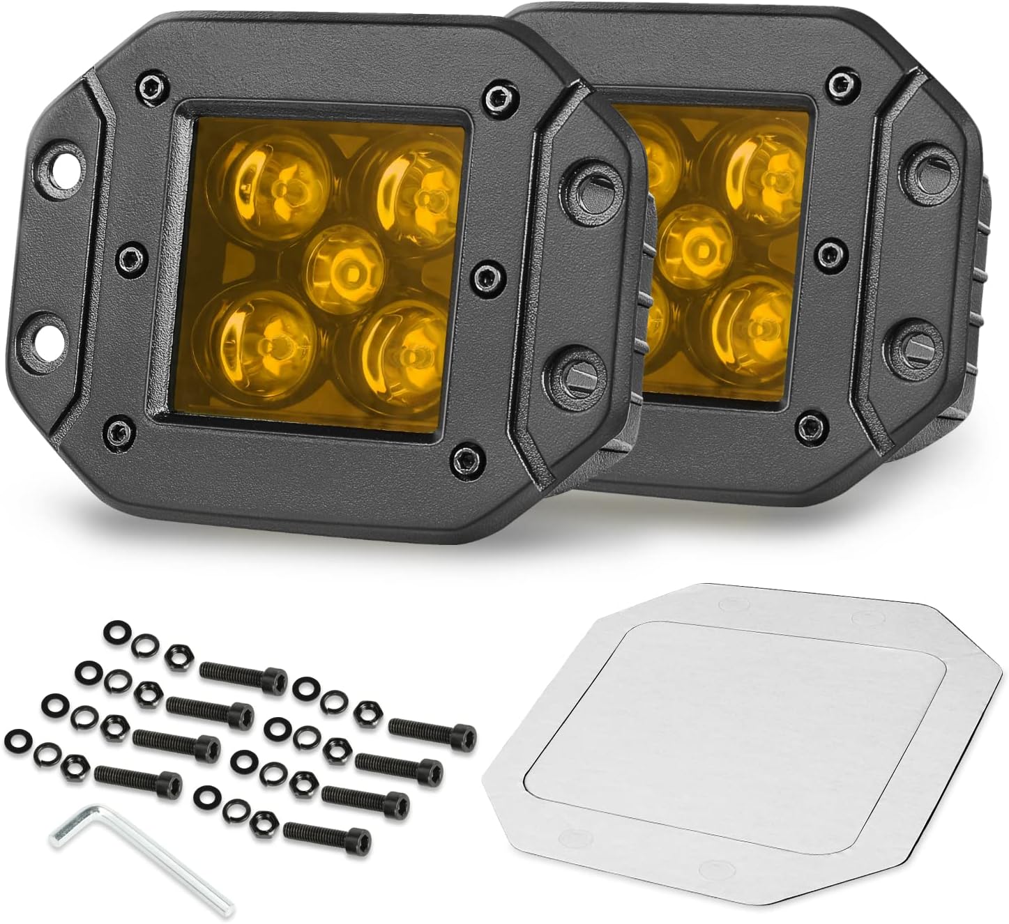 Flush Mount LED Pods, OFFROADTOWN 2Pcs 5inch 100W Amber LED Fog Lights Spot Beam Off Road LED Driving Light Yellow Flush LED Work Light Bar Auxiliary Lights for Truck UTV ATV Pickup SUV Boat