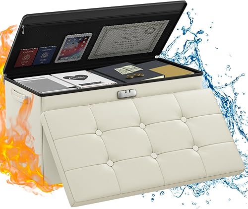 ENGPOW Banco otomano de almacenamiento, banco plegable ignífugo con cerradura, 30 pulgadas, resistente al fuego y al agua, reposapiés, taburete
