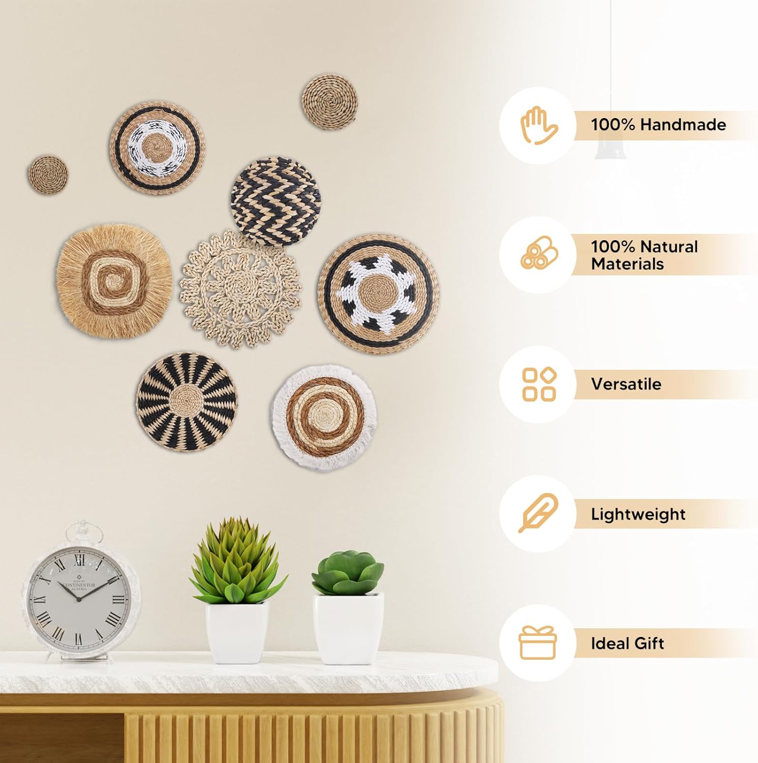 KEDEMAS Boho Wall Basket Decor, 9 Pack Hanging Woven Wall Basket Set, Seagrass Rattan Wicker Boho Wall Decor, Eco-Friendly Round Art for Farmhouse Living Rooms Bedrooms Display Classroom