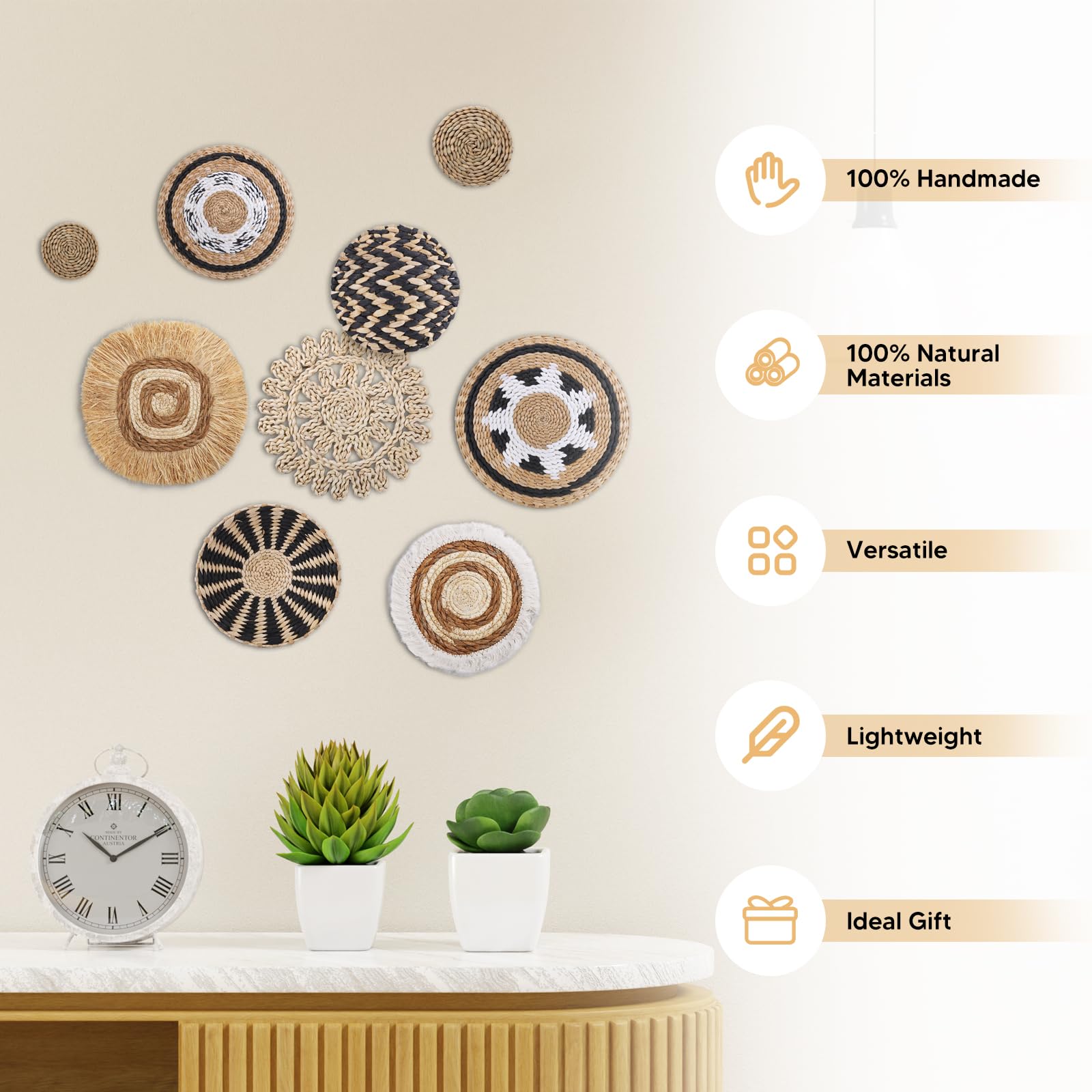 homdat 9 sztuk w stylu boho, tkana dekoracja kosza ściennego, trawa morska, rattan, dekoracja ścienna w stylu boho, przyjazna dla środowiska, okrągła sztuka ścienna do domu wiejskiego, sypialni