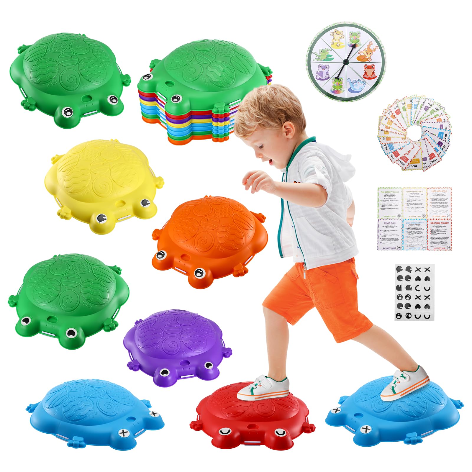 Jradse Piedras de Marcha Ranas para Niños, 8 Piezas de Cálculos Sensoriales Antideslizantes, Juego de Motricidad Interior/Exterior 3-8 Años, Desarrolla la Motricidad, Soporta 120kg - 1