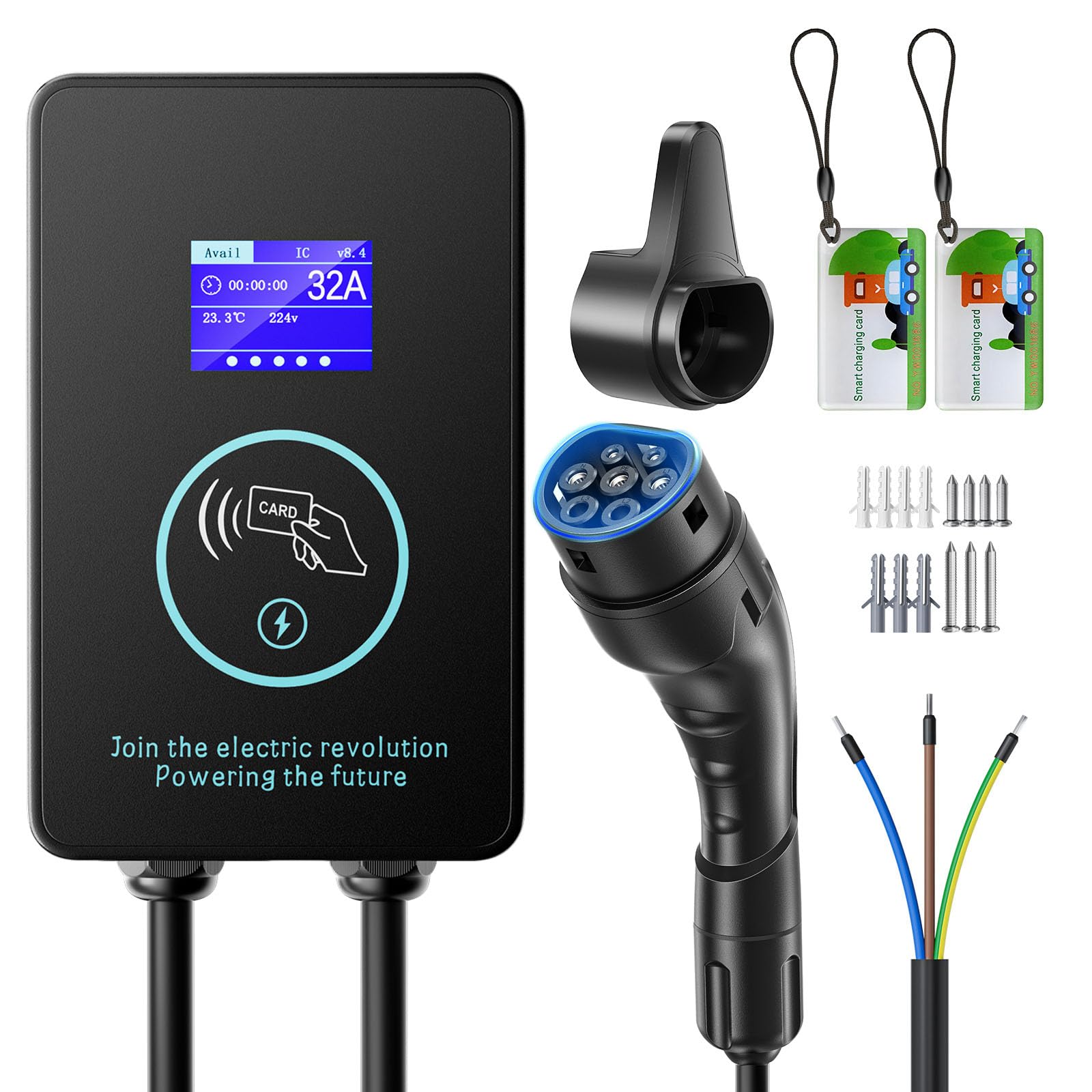 EVJUICION Colonnina Ricarica Auto Elettrica 8A-32A 0-8H Wallbox 7,4 kw Tipo 2 Monofase Rapida con Display LED, RFID 2, EV Caricabatterie con 5 Metro Cavo Ricarica Auto Elettrica Tipo 2