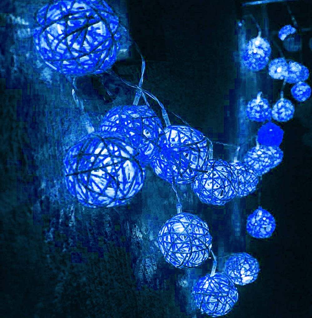 Hulx Blue Rattan Ball String Lights, 2.2M 20Led Indoor Fairy Lights For Home Garden, Battery Operated (Blue)
