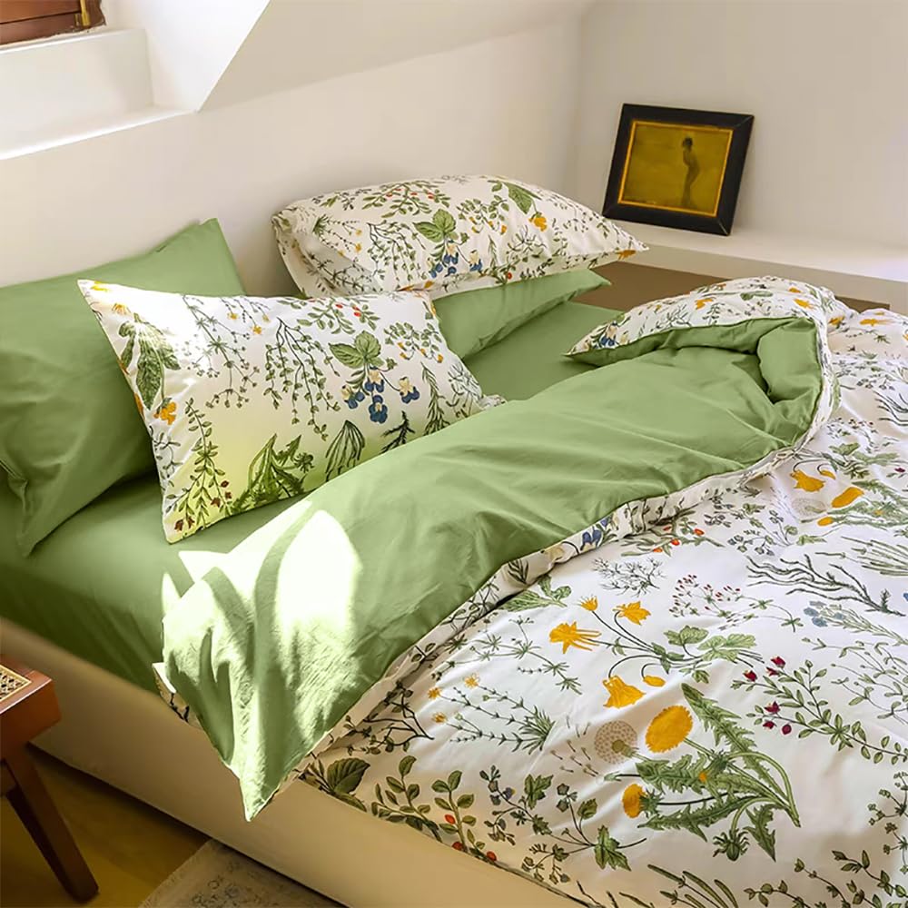 Juego de ropa de cama de algodón 135 x 200 cm, diseño de flores pequeñas y estampado botánico, funda nórdica estética con cremallera y funda de almohada de 80 x 80 cm
