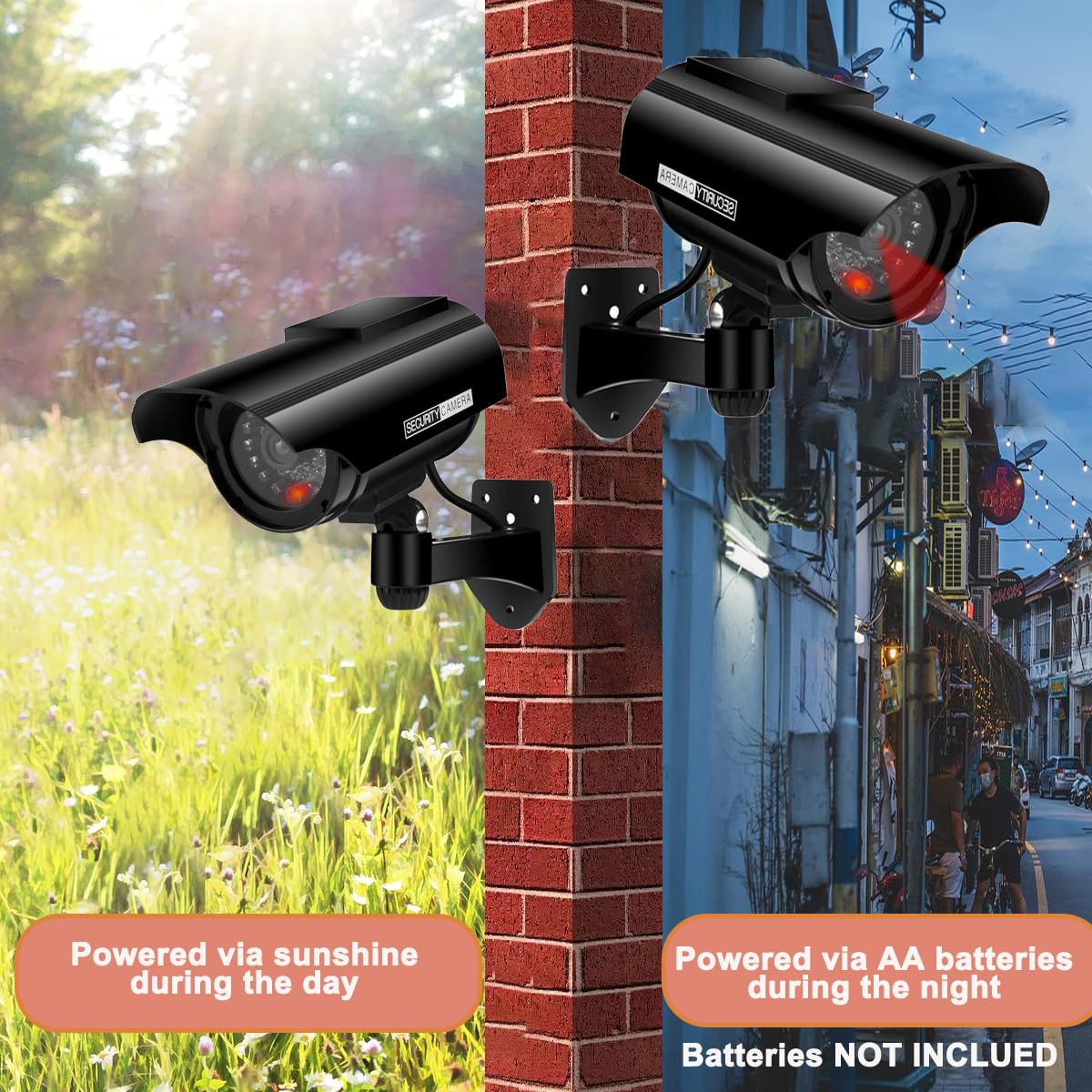 Cámara Ficticia CCTV con Energía Solar Cámara de Vigilancia Falsa Ficticia, Cámara de Vigilancia CCTV Falsa Realista con LED Parpadeante, para Interior y Exterior (Negro-2)