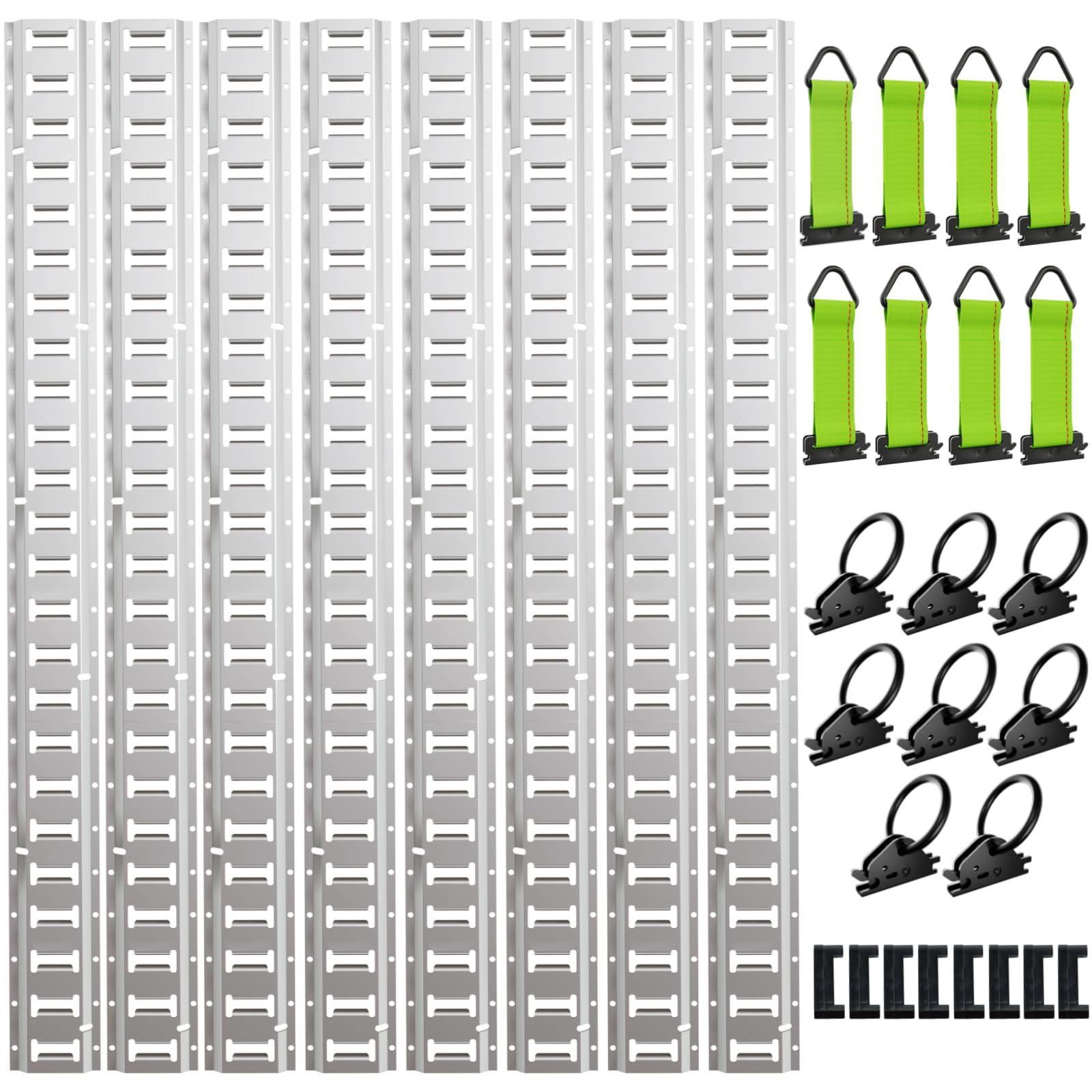 Photo 1 of UMIRO E Track Tie-Down Rail Kit,32PCS 4FT E-Tracks Set Includes 8 Steel Rails & 8 O Rings & 8 Tie-Offs with D-Ring & 8 End Caps,Securing Accessories for Cargo,Motorcycles,and Bikes(Sliver, 4ft)