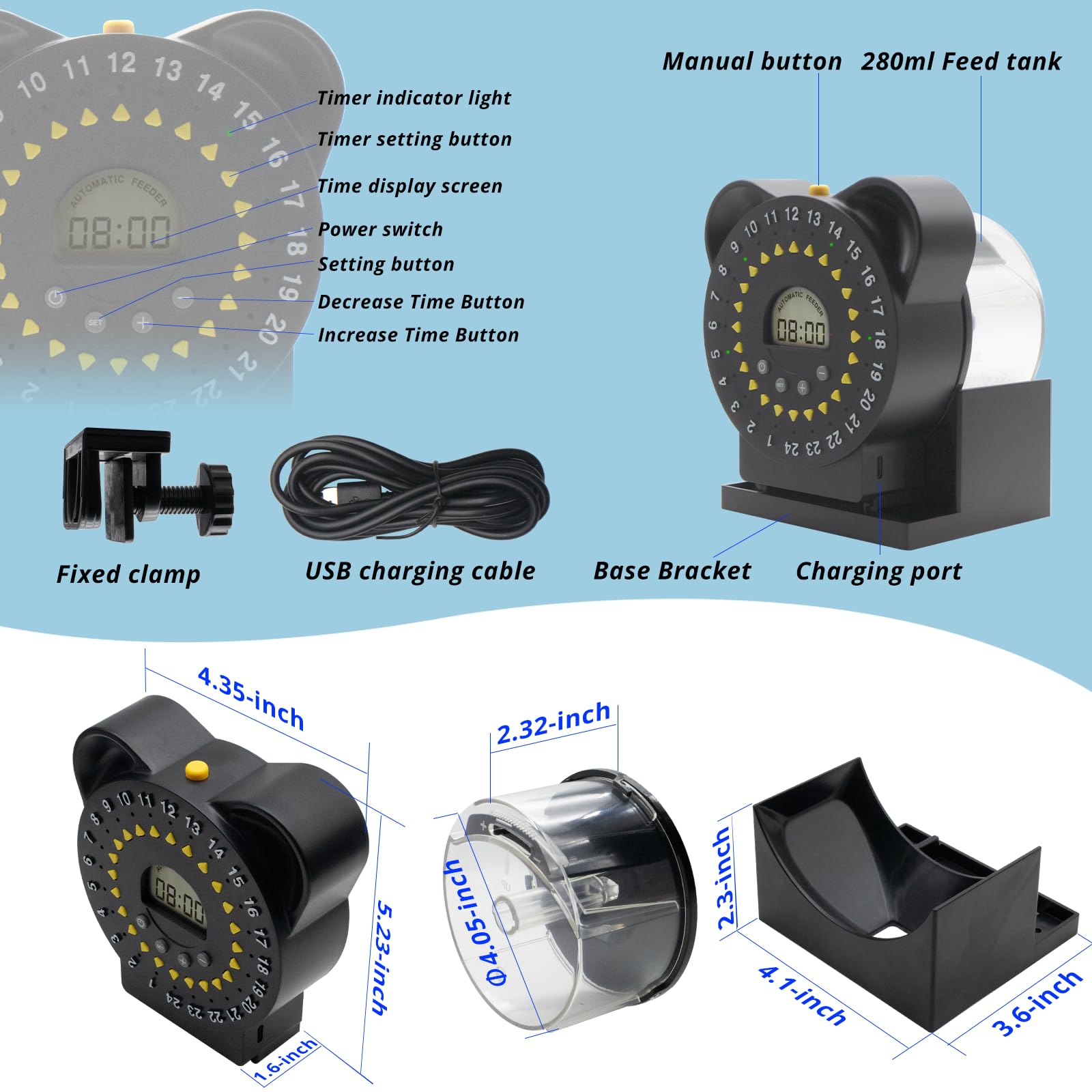 Mangeoire à poissons pour aquariums avec écran LCD, alimentation automatique USB, jusqu'à 24 repas par jour, avec conteneurs alimentaires de 280 ml, anneau d'alimentation pour poissons
