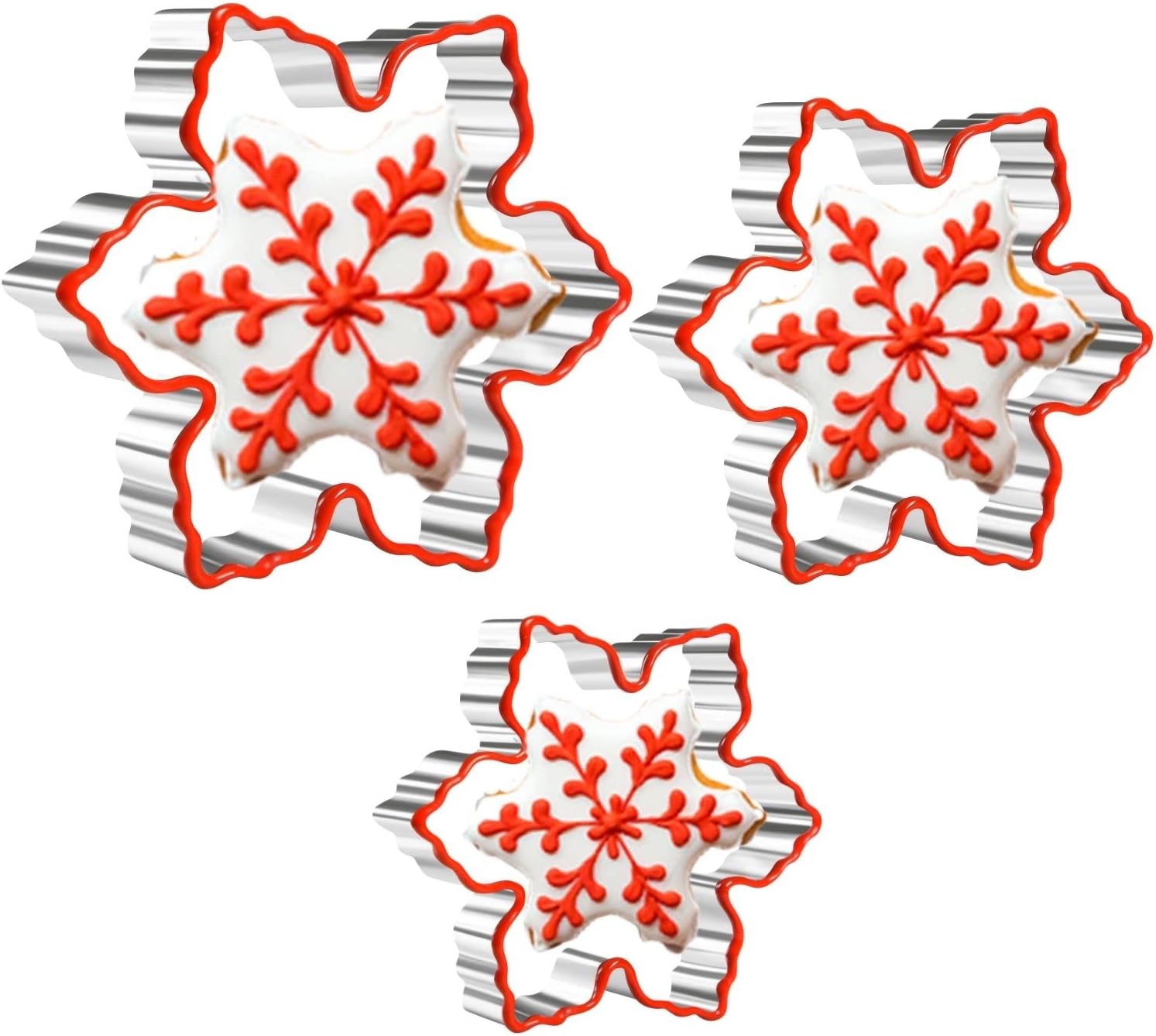 Crethinkaty Christmas Snowflake Cookie Cutter Set - 3 Pieces Stainless Steel Cookie Cutters with Soft Silicone Edge for Biscuit, Fondant
