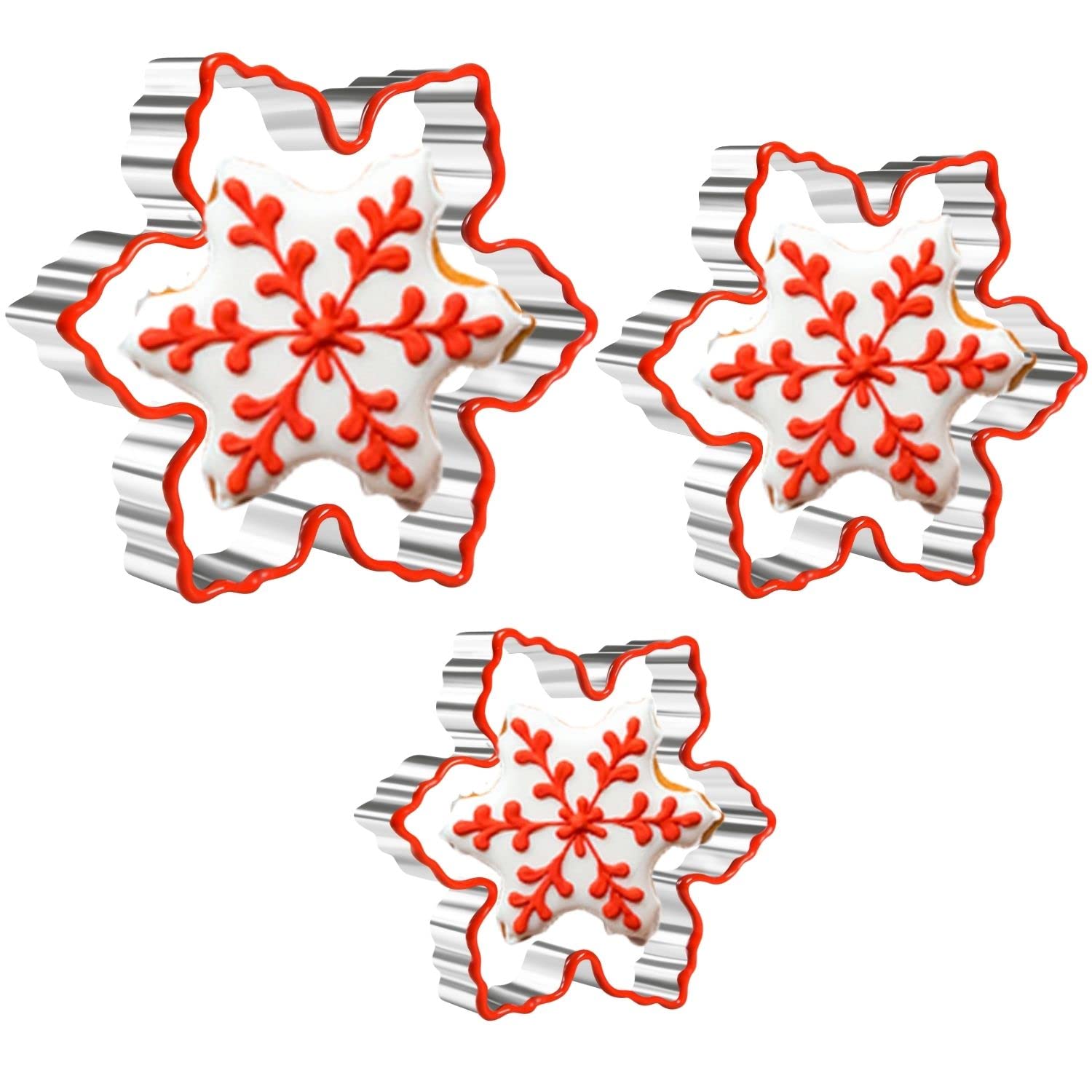 Crethinkaty Christmas Snowflake Cookie Cutter Set - 3 Pieces Stainless Steel Cookie Cutters with Soft Silicone Edge for Biscuit, Fondant