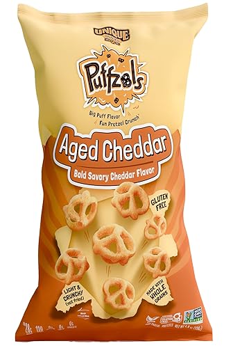 Unique Snacks Puffzels Cheddar envejecido, sabor cheddar audaz y sabroso con un divertido pretzel crujiente, aperitivos sin gluten, bolsas de 4.8