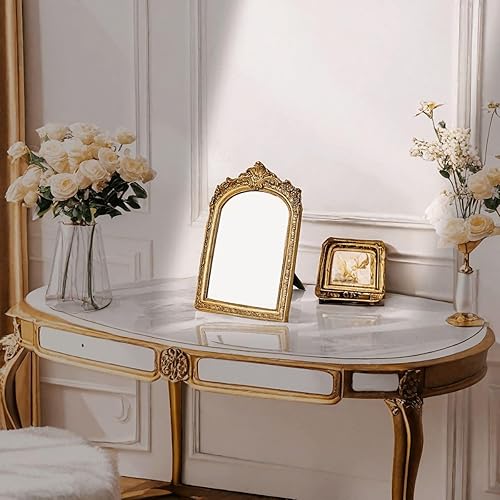 Miniatura 6 de Espejo de pared decorativo antiguo dorado pequeño para escritorio, espejo de mesa de arco tallado de resina con soporte para sala de estar,