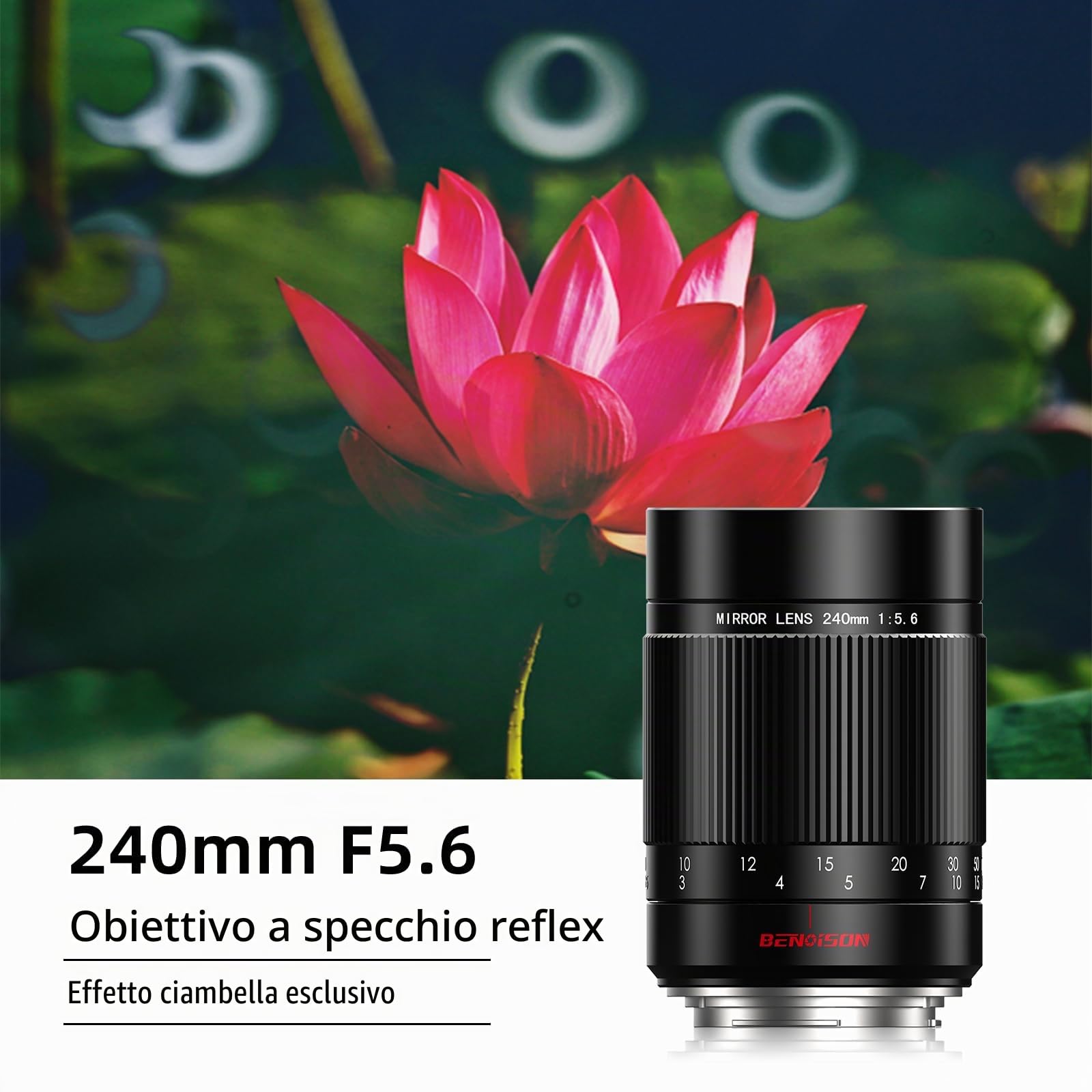 Obiettivo a Specchio - 240mm f/5.6 per Canon EF, Messa a Fuoco Manuale (MF), Teleobiettivo per Canon 4000D 2000D 1500D 1300D 1200D 850D 800D 750D 600D 500D 250D 90D 80D 77D 7D 6D 5D 1D (Attacco EF)