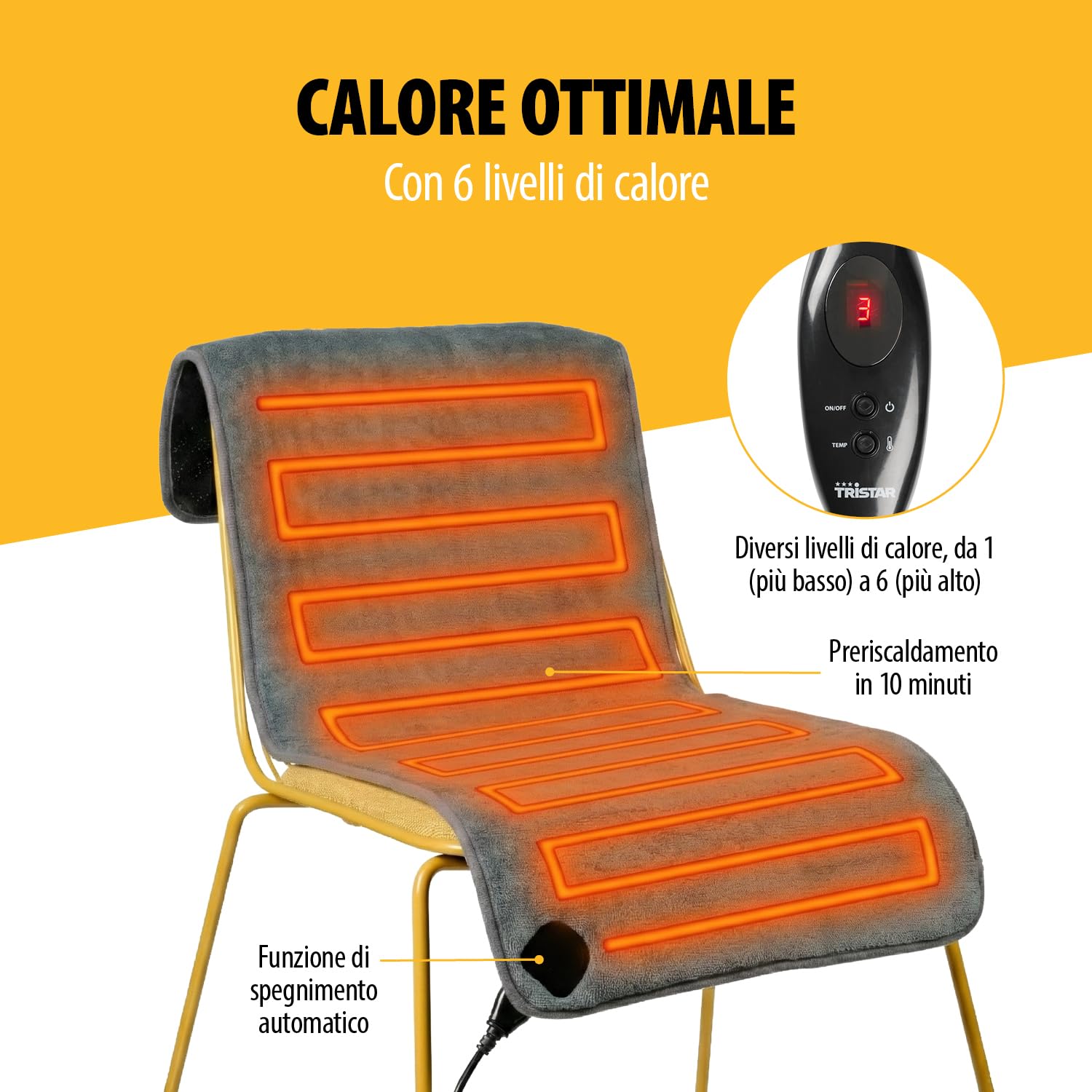 Tristar Coperta Elettrica per Sedia - 110x40 cm - 6 Livelli di Calore - Timer 90 Min - Telecomando Rimovibile - Lavabile in Lavatrice - Riscaldamento Rapido - Antiscivolo - BW-4772